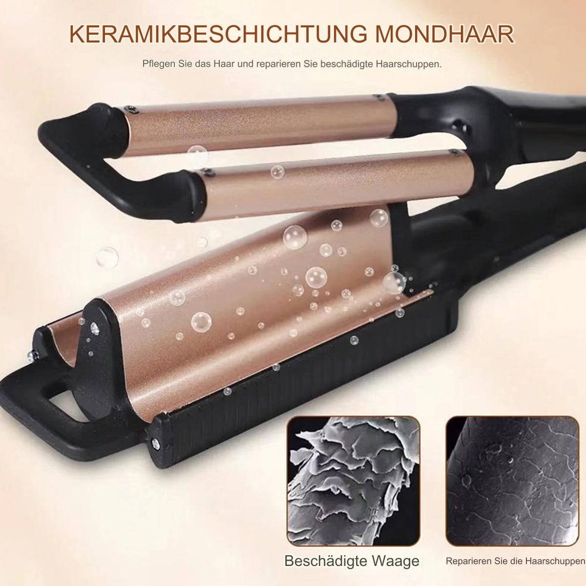 Nahaufnahme eines Haarkräuslers mit mikroskopischen Bildern von Haaren. Weißer Hintergrund.