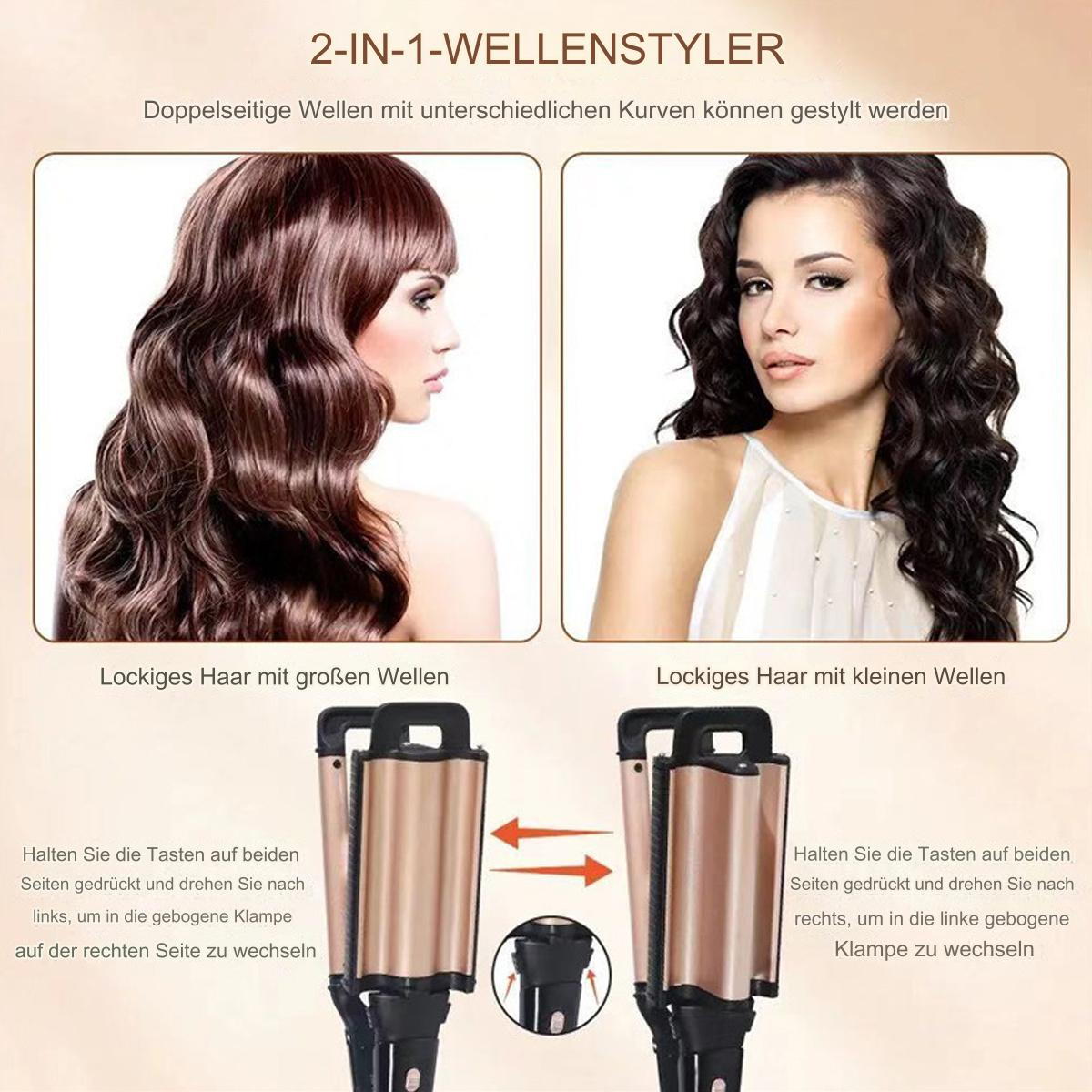 Haarstyling-Gerät: zwei Frauen mit verschiedenen Wellen-Stilen und das Gerät zur Erstellung.