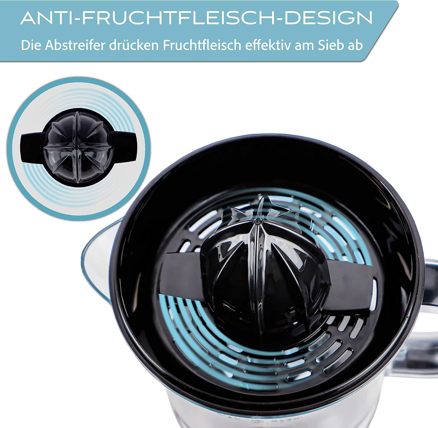 Nahaufnahme eines Entsafters mit Text: Anti-Fruchtfleisch-Design, die Wischer pressen Fruchtfleisch effektiv.