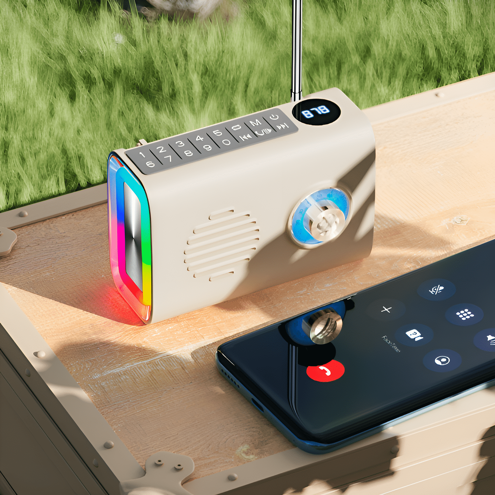 Ein beiges Radio und ein Smartphone auf einer Holzoberfläche. Das Radio hat einen bunten Bildschirm und eine Antenne. Das Telefon zeigt einen eingehenden Anruf.