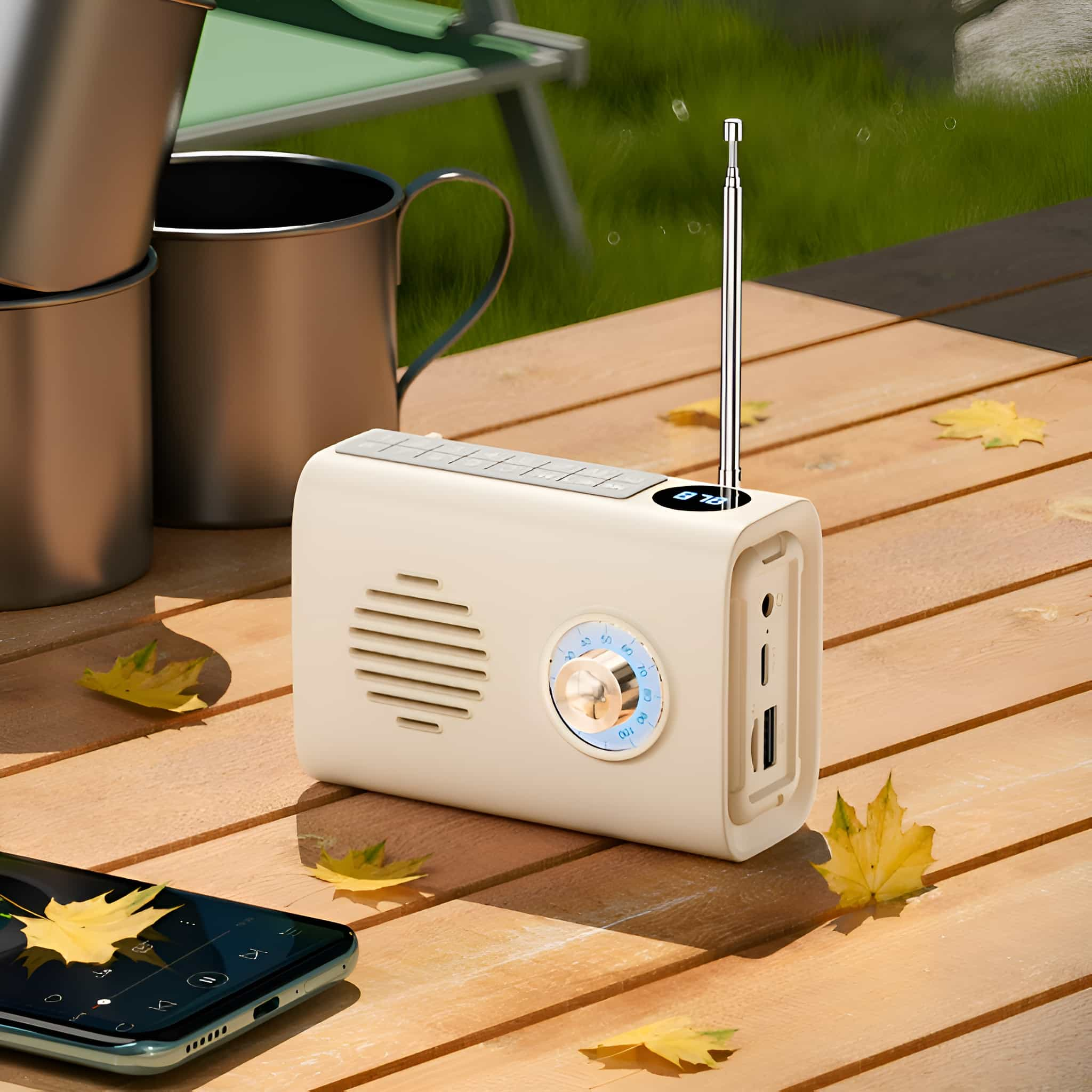 Ein cremefarbenes Radio mit Antenne, ein Musik abspielendes Telefon, Metallbecher und Herbstblätter auf einem Holztisch im Freien.