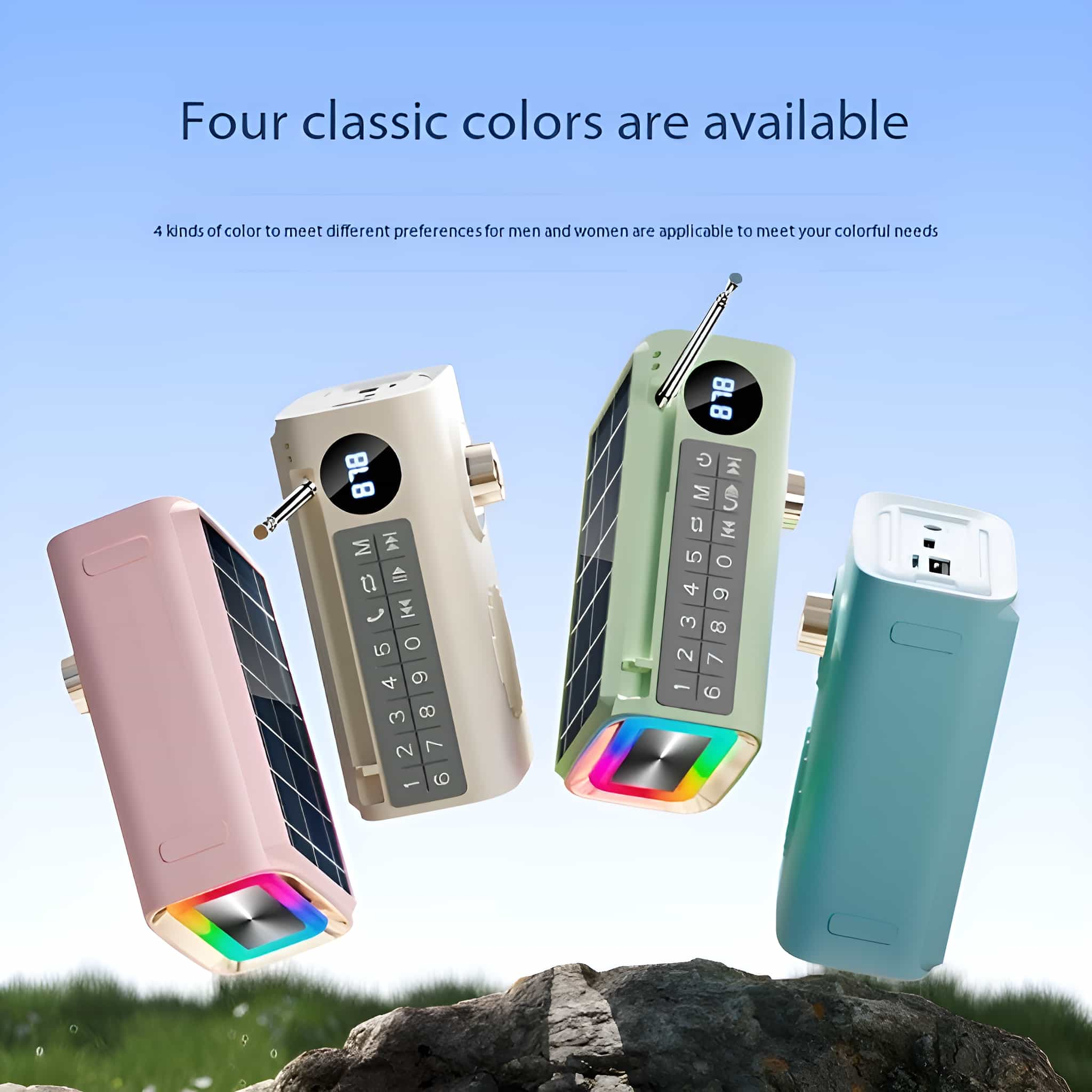 Vier bunte Radios in Pink, Beige, Grün und Blau, mit Solarpanelen und Zifferntasten, vor blauem Himmel.