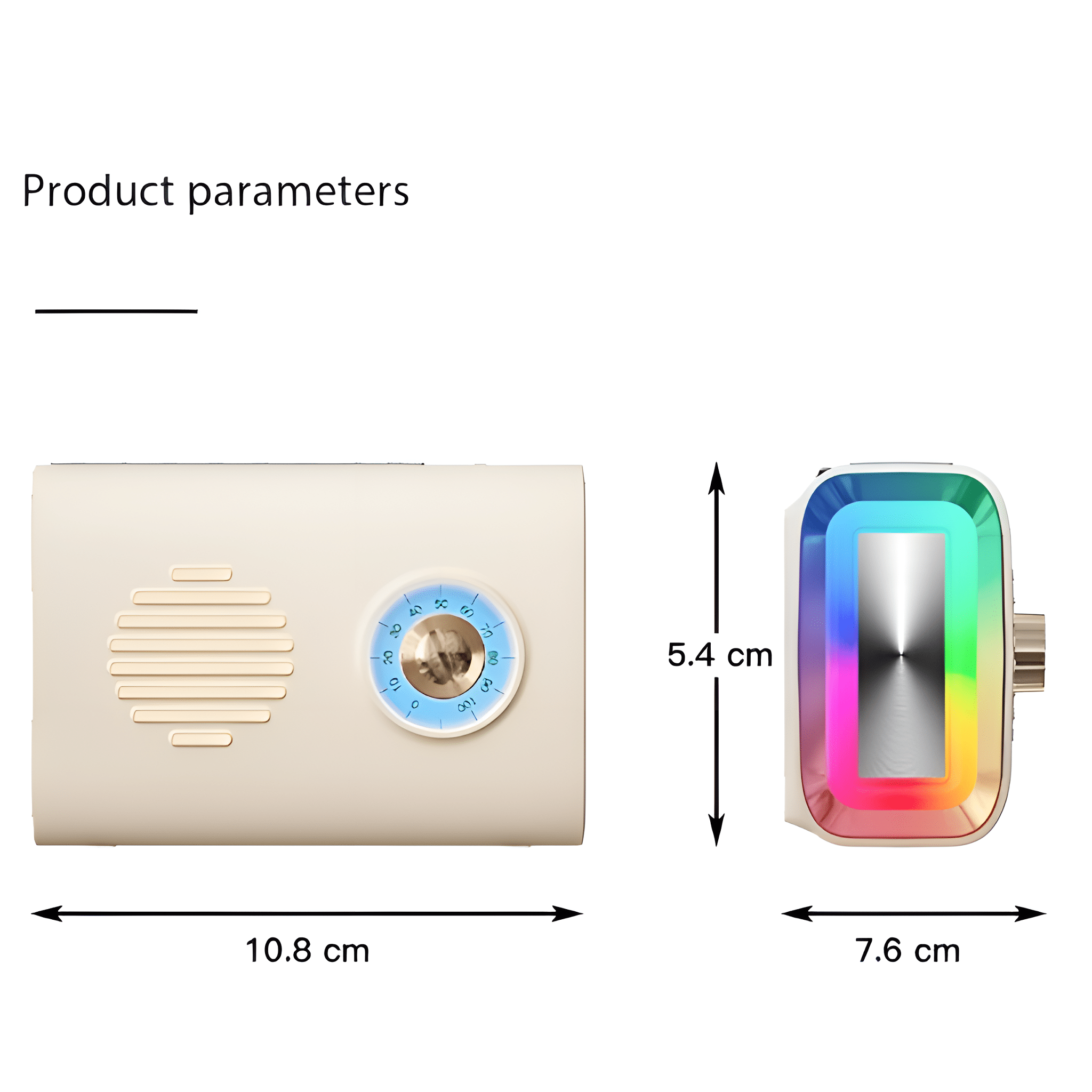 Das Bild zeigt Produktparameter. Zwei Geräte: eines beige mit einem Zifferblatt und eines weiß mit einem farbenfrohen Licht. Abmessungen sind angezeigt.