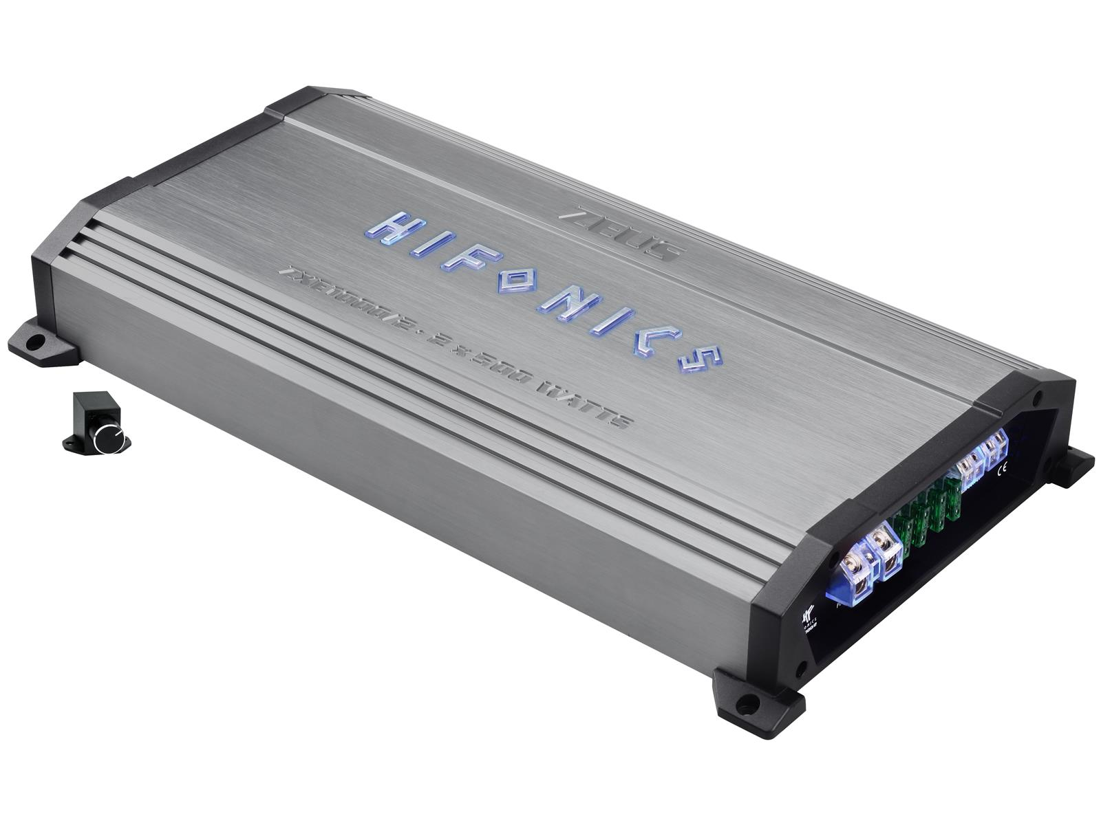 Silberner Verstärker mit blauer Beschriftung. Merkmale sind Hifonics Zeus, 2 x 250 Watt und verschiedene Eingänge.