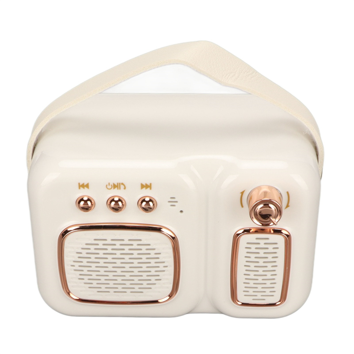 Weißes und roségoldfarbenes Radio im Retro-Stil mit Griff. Enthält Knöpfe und einen Lautsprecher.