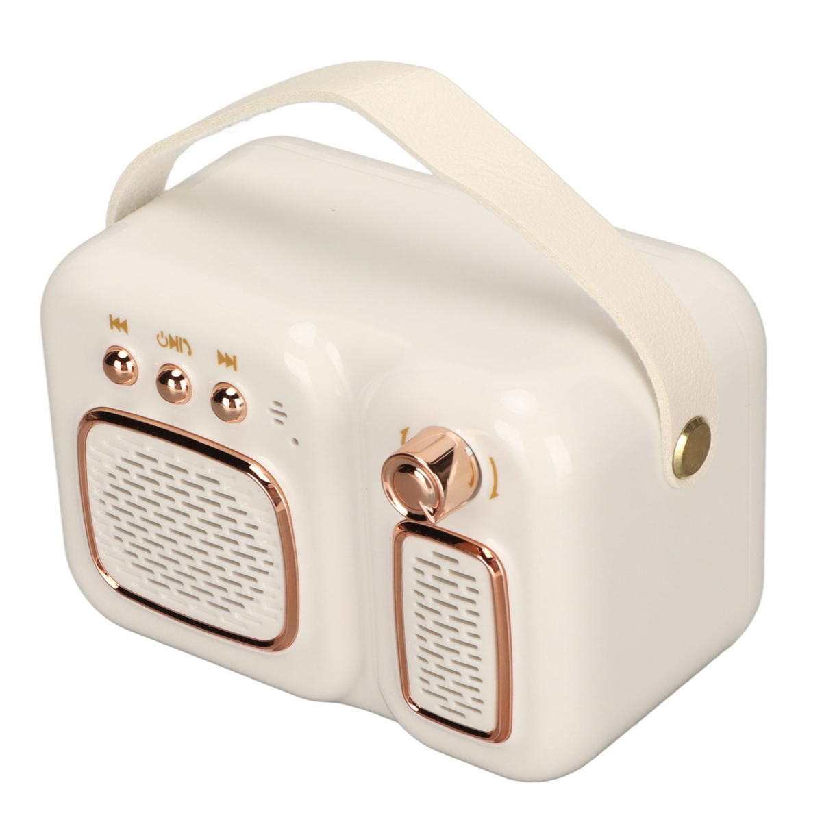 Weißes Radio im Vintage-Stil mit Griff und goldenen Akzenten, weißer Hintergrund.