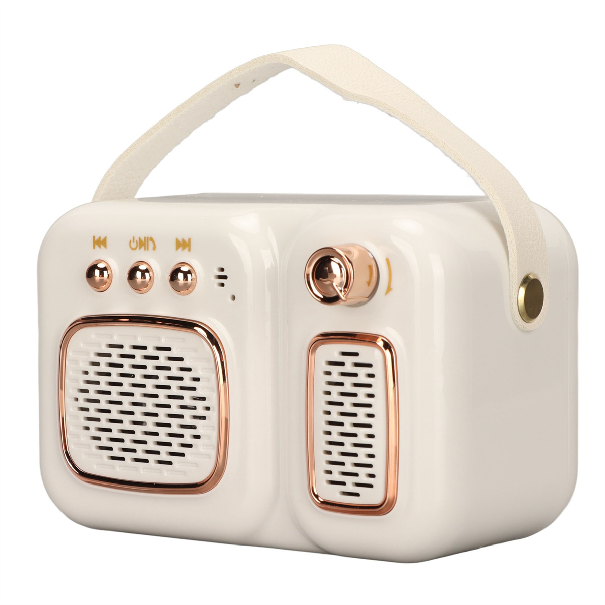 Ein weißer und goldener Lautsprecher im Retro-Stil mit Griff, Steuerelementen und Lautsprechergitter.