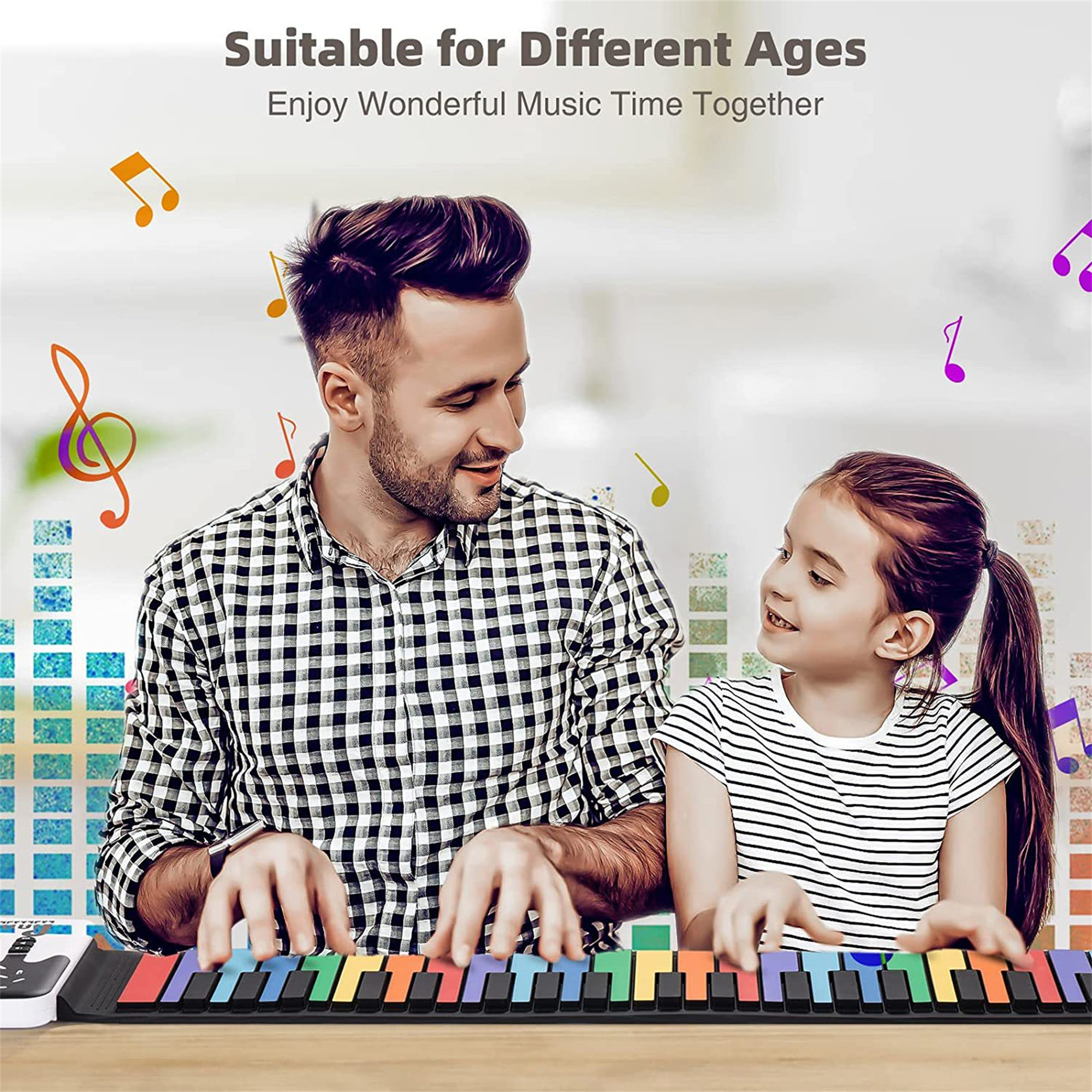 Ein Mann und ein Mädchen spielen ein Musikkeyboard. Die Tastatur hat bunte Tasten. Noten sind in der Luft.