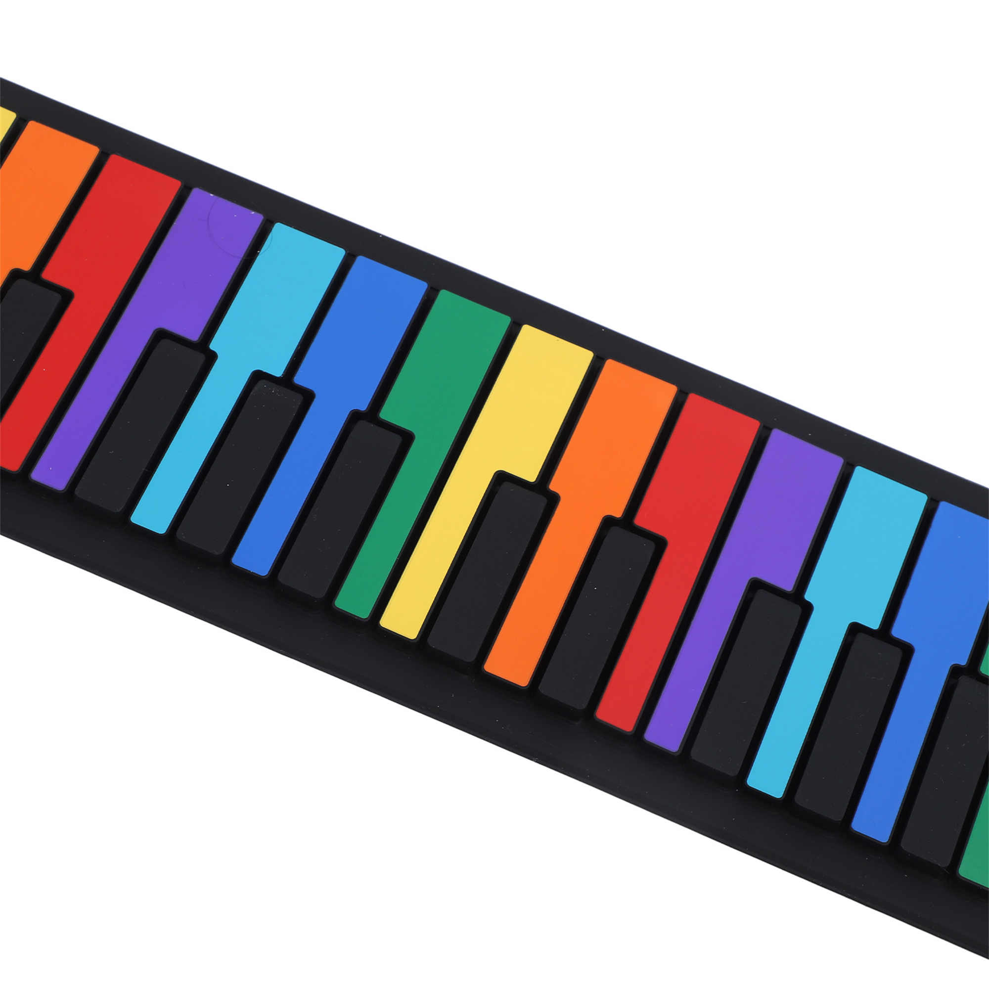 Eine Tastatur mit bunten Tasten in einem Regenbogenmuster, diagonal angeordnet.