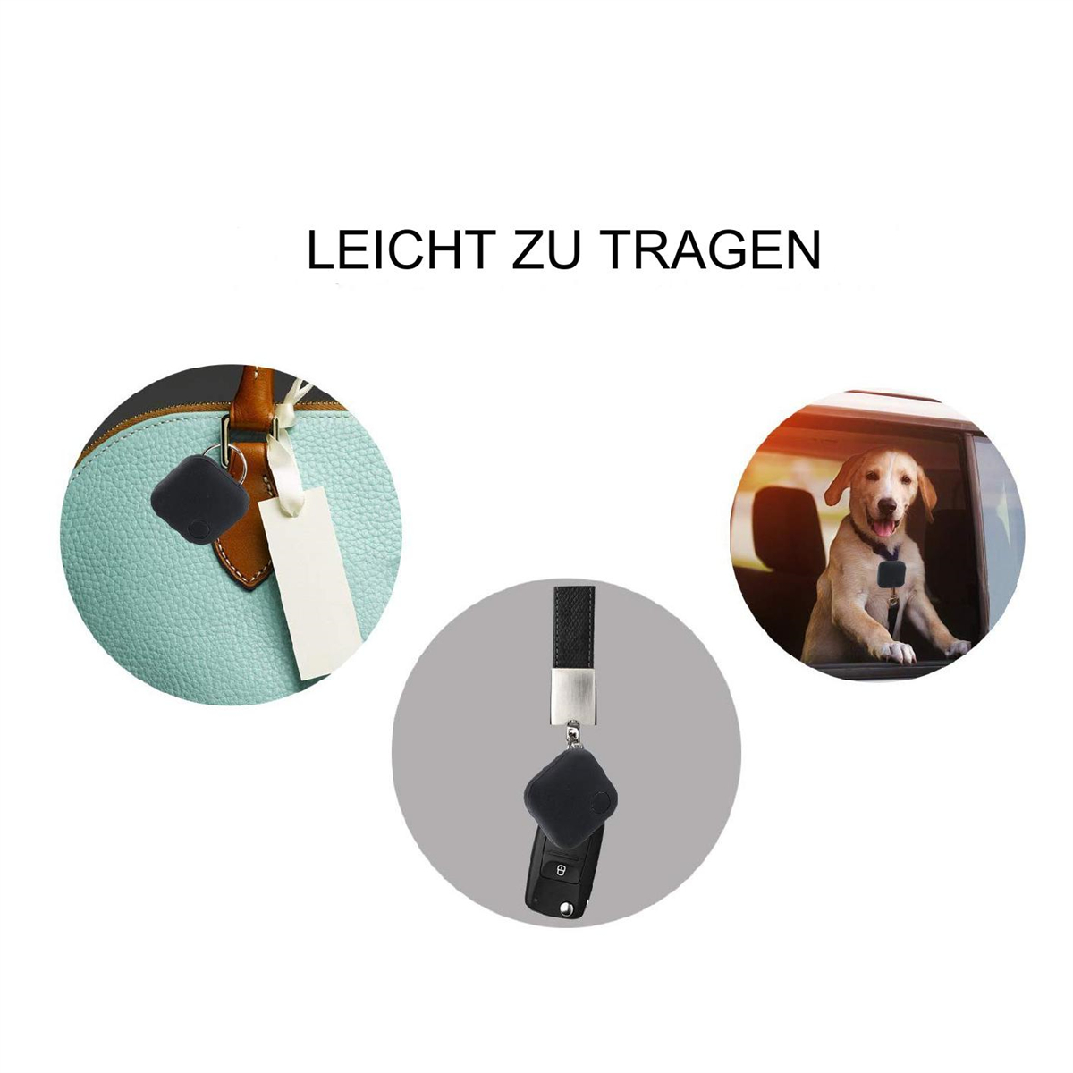 Ein Hund im Auto und Gegenstände mit Anhängern, die jeweils das einfache Tragen kleiner Gegenstände demonstrieren.
