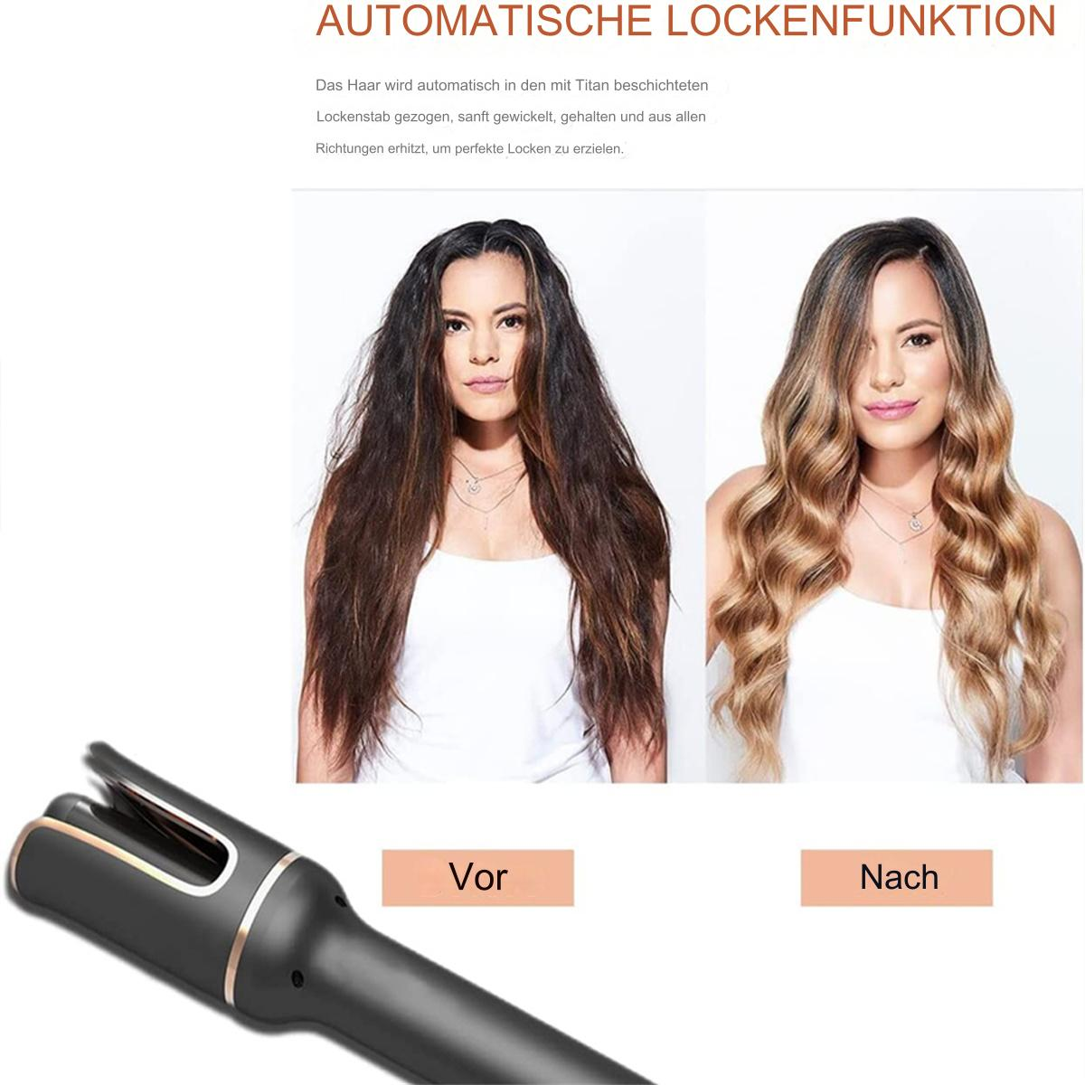 Ein Lockenstab mit Vorher-Nachher-Bildern von welligem Haar, beschriftet mit 'Vor' und 'Nach'.