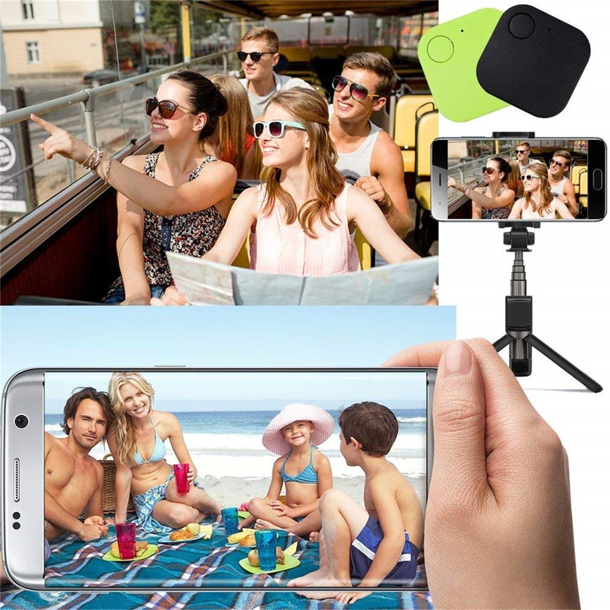 Leute im Bus, machen Fotos mit Telefon und Selfie-Stick, einige benutzen Tracker.