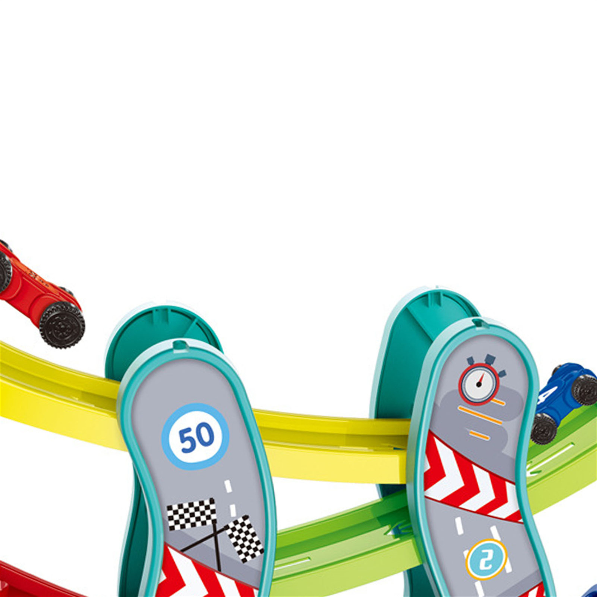 Spielzeug-Rennstrecke mit roten, gelben und grünen Bahnen, Spielzeugautos fahren.
