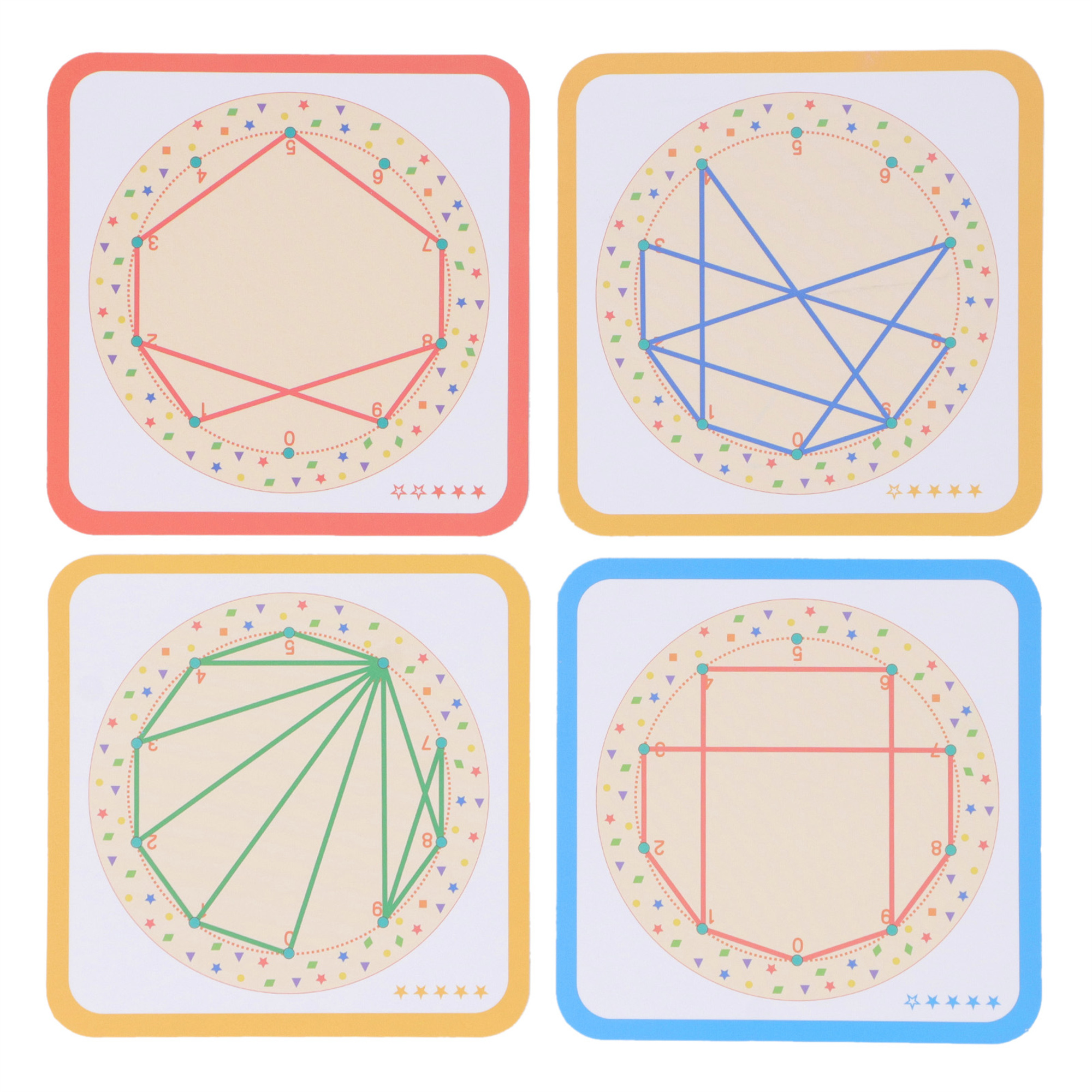 Vier farbenfrohe geometrische Muster auf quadratischen Karten mit nummerierten Punkten und Linien.