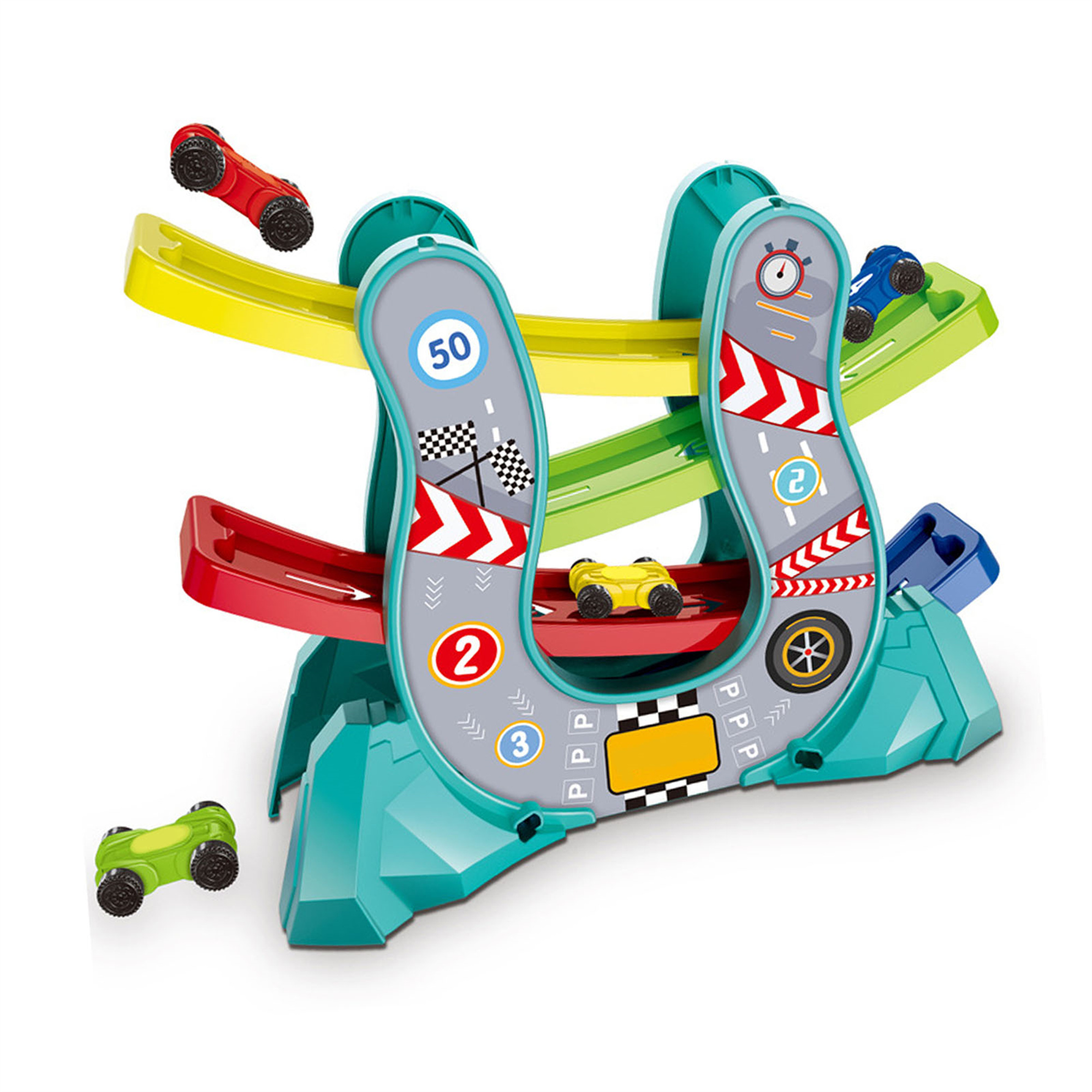 Spielzeug-Rennstrecke mit drei farbigen Bahnen. Mehrere Spielzeugautos auf der Strecke.