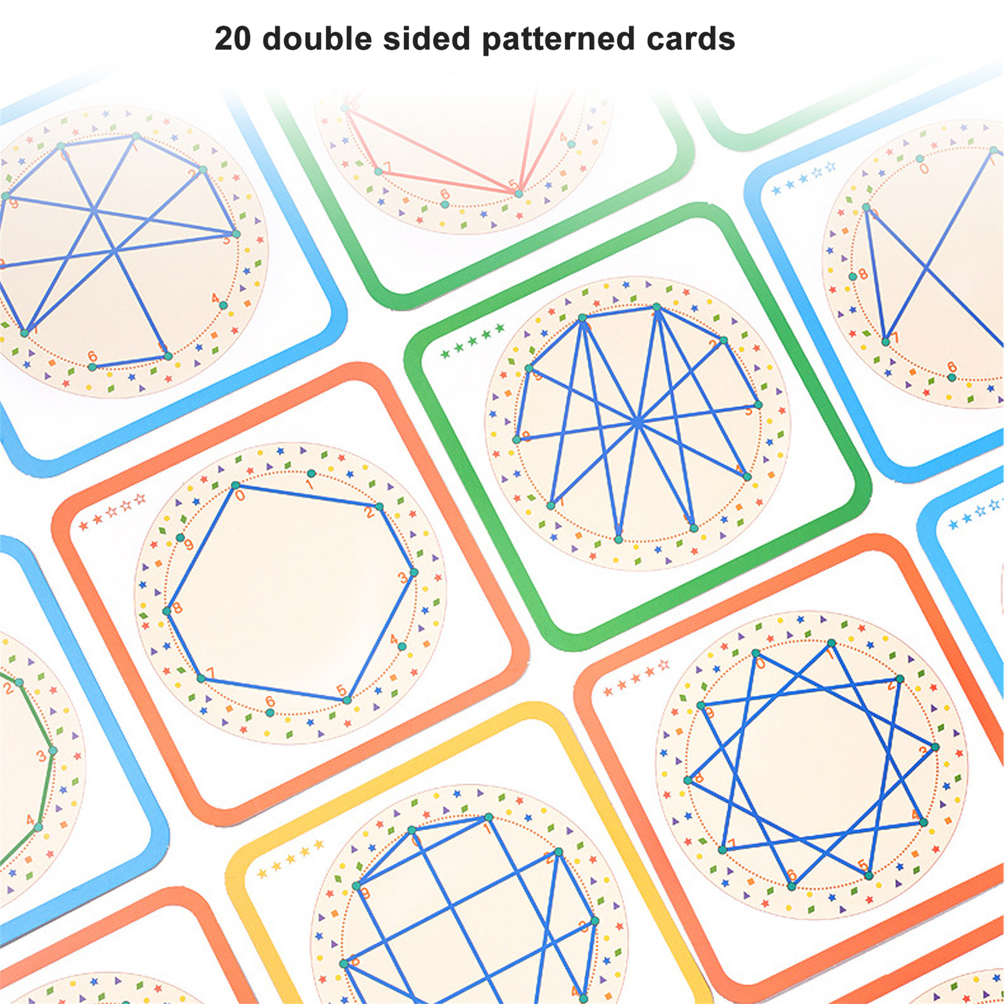 Karten mit geometrischen Mustern, verschiedenen Formen und farbigen Umrissen, 20 doppelseitige Karten.