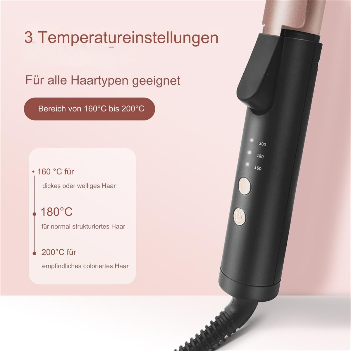 Haarglätter mit Temperatureinstellungen. Text zeigt Einstellungen für verschiedene Haartypen.