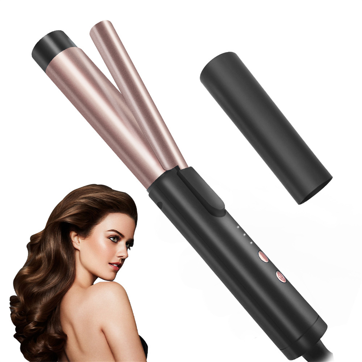 Ein Lockenstab mit Haaren einer Frau links. Der Lockenstab ist roségold und schwarz.
