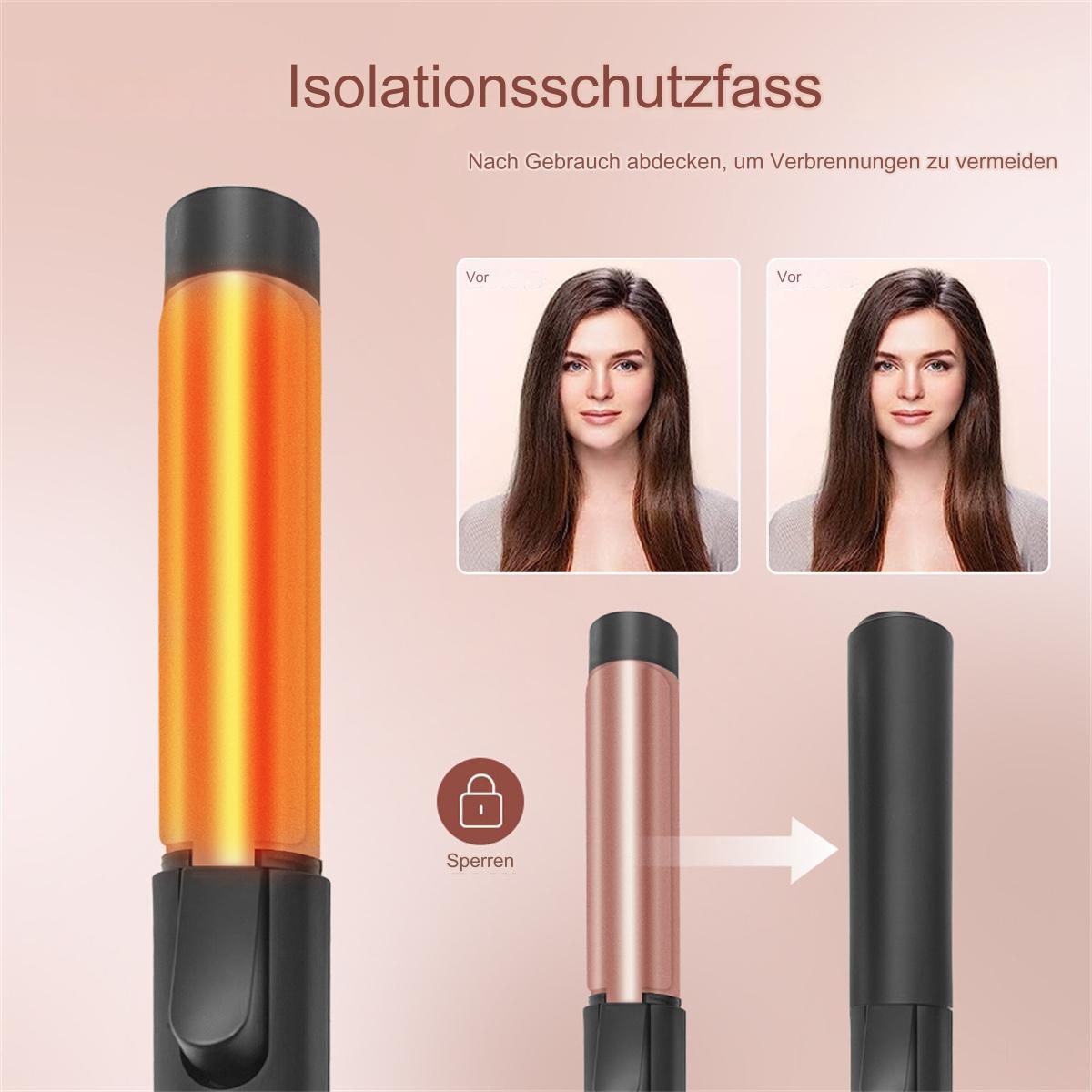 Ein Lockenstab, mit Vorher-Nachher-Bildern der Haare einer Frau. Anweisungen sind auf Deutsch.