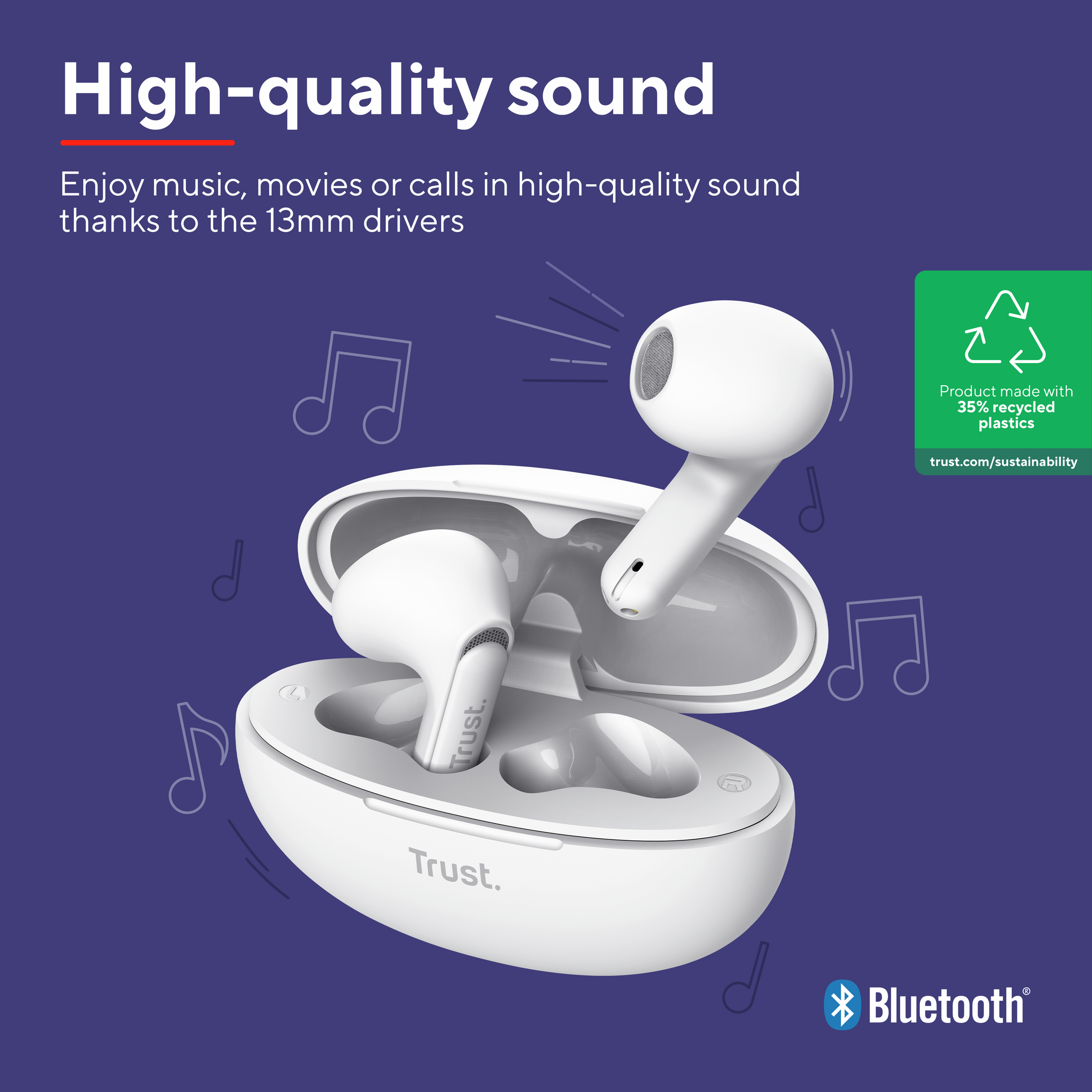 Białe słuchawki douszne w etui z nutami na niebieskim tle. Obecne logo Bluetooth.