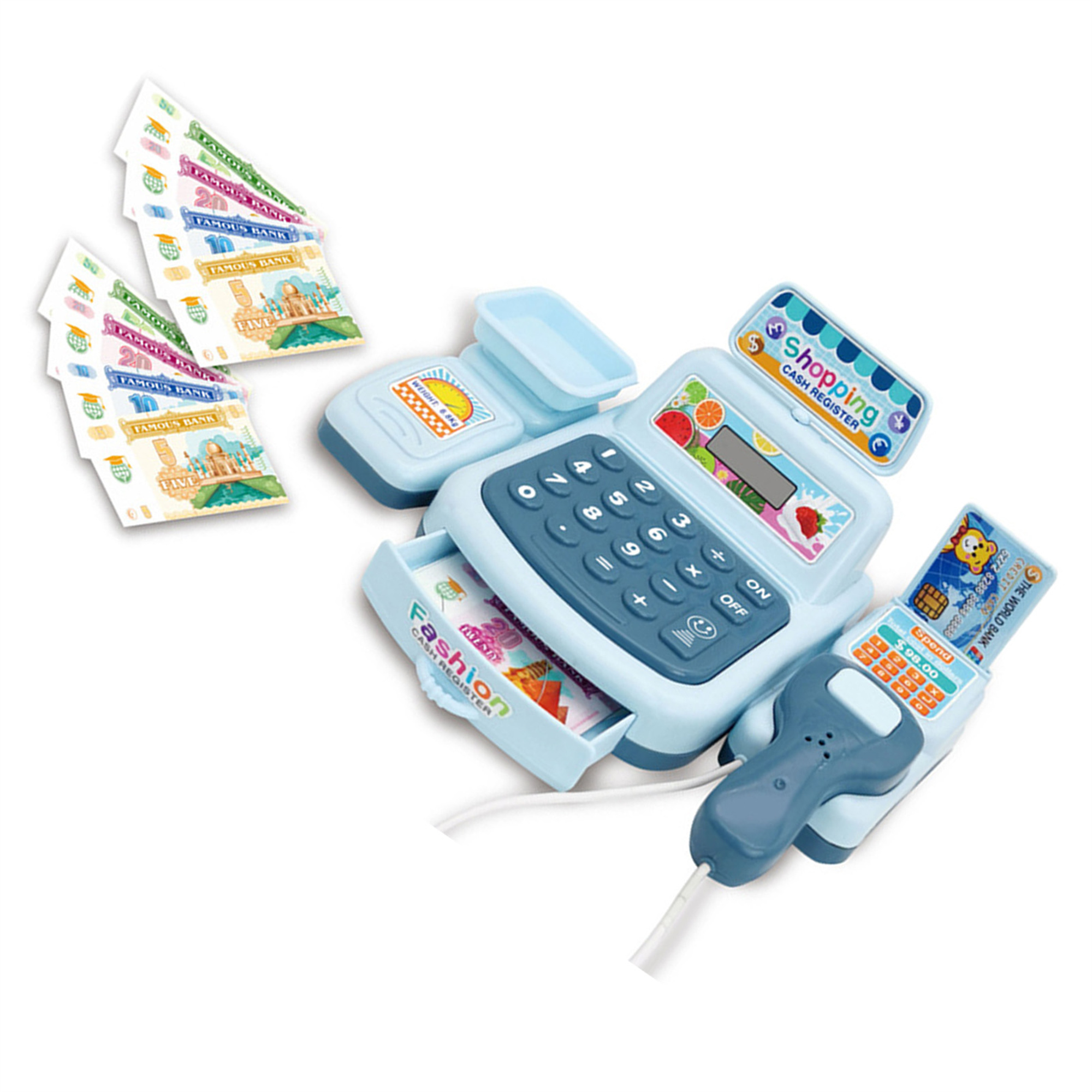 Eine Spielzeugkasse mit Display, Knöpfen, Schublade mit Spielgeld und einem Scanner.