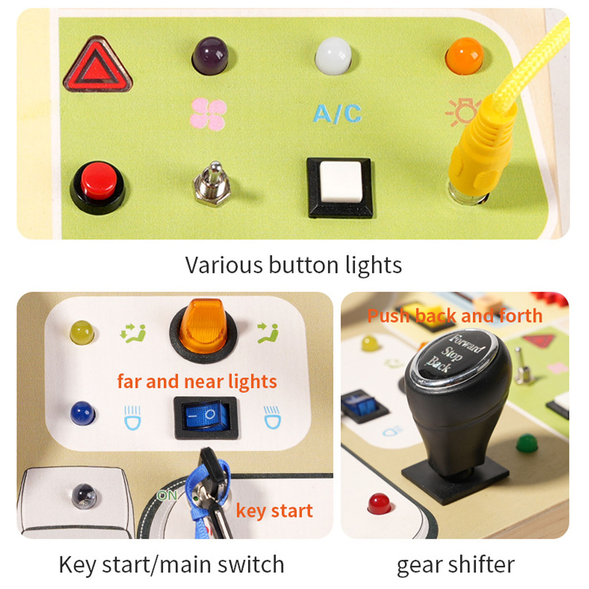 Ein hölzernes Spielzeug-Armaturenbrett mit Knöpfen, Lichtern und einem Schalthebel, das ein Auto simuliert.