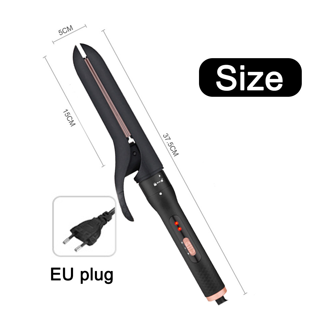 Ein schwarzer und roségoldfarbener Lockenstab mit Maßen und EU-Stecker.