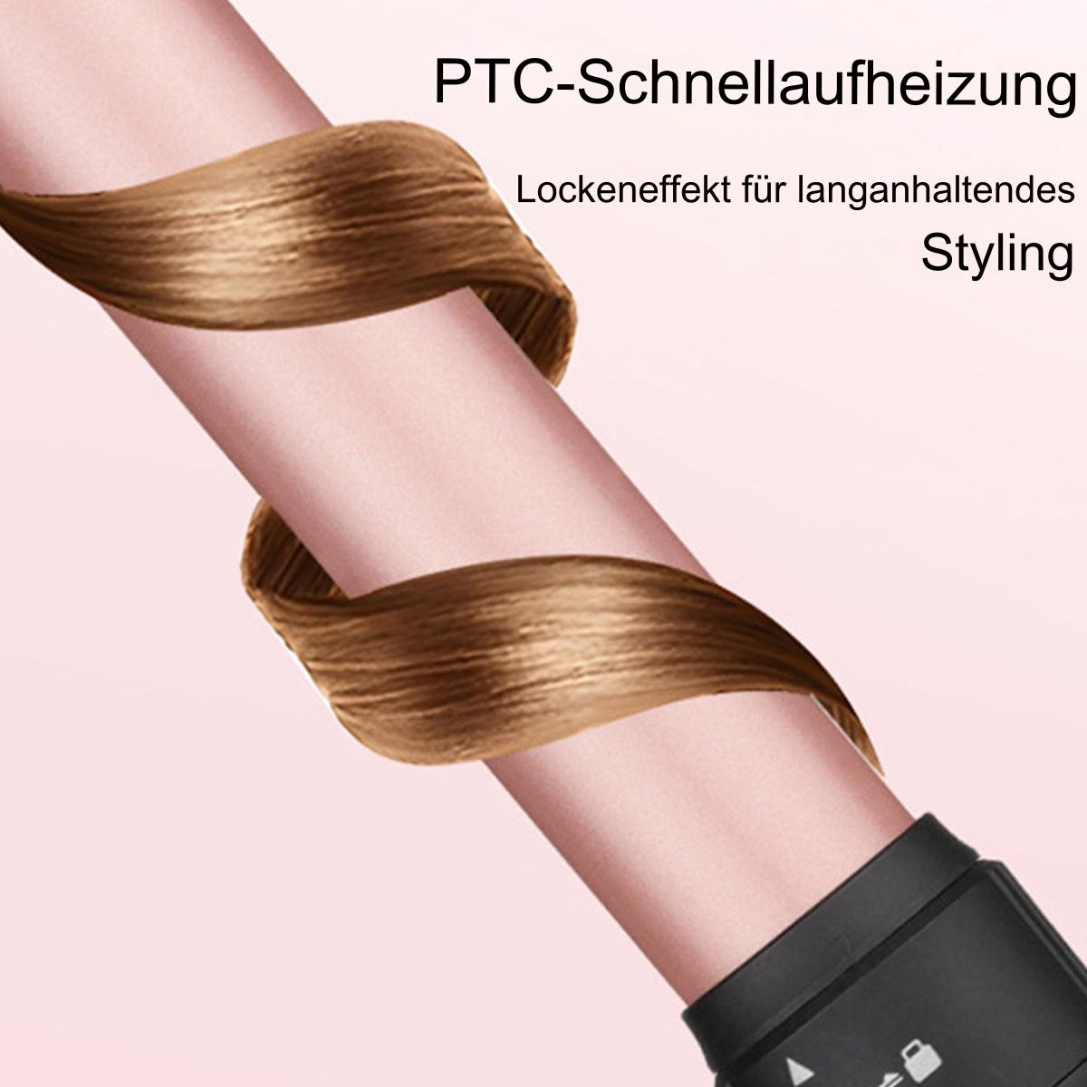 Ein Lockenstab mit einer Haarsträhne darum gewickelt. Text: PTC-Schnellaufheizung.