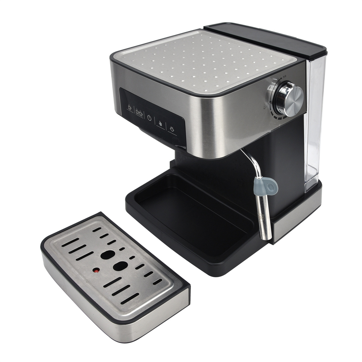 Silber-schwarze Espressomaschine mit abnehmbaren Teilen und Wassertank. Weißer Hintergrund.