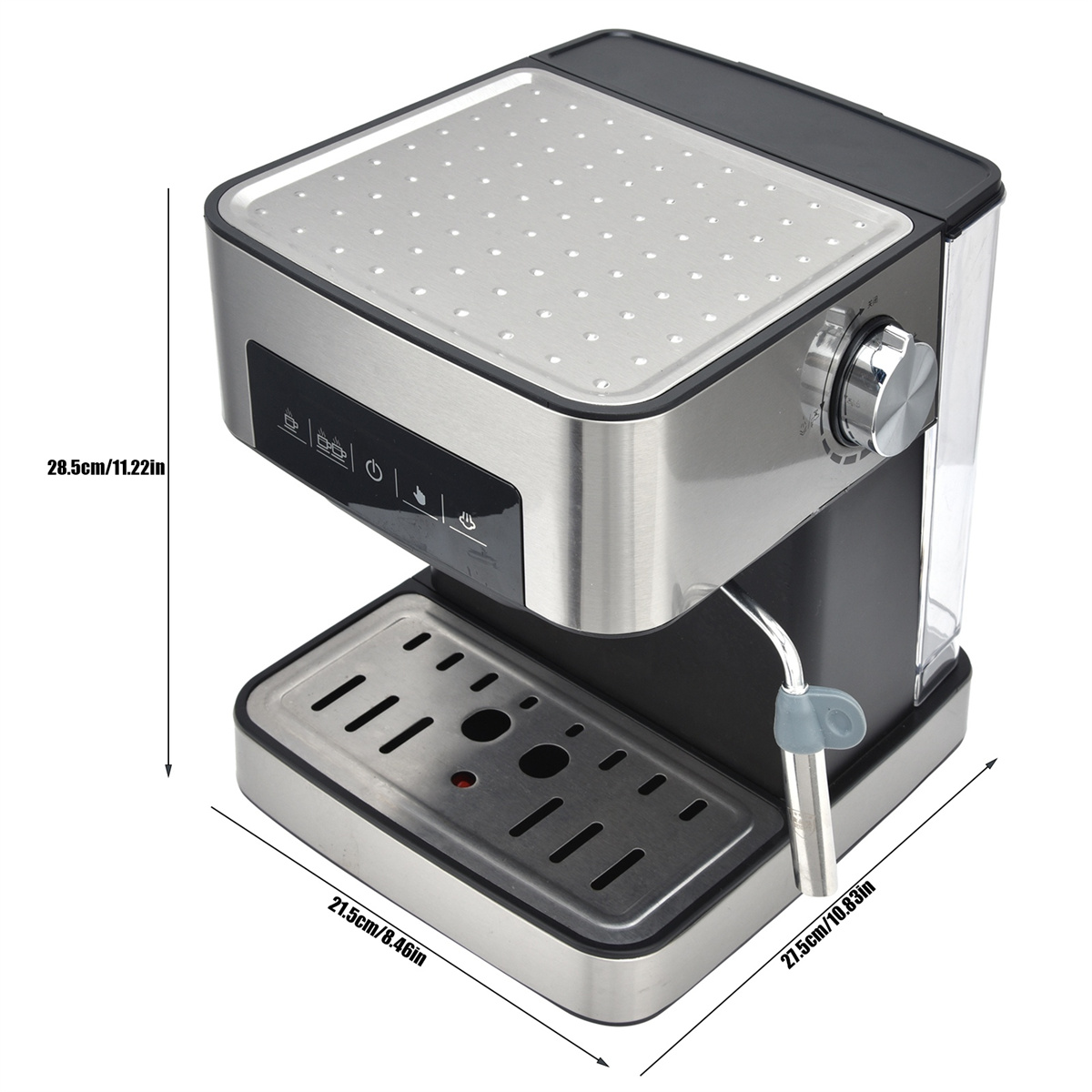 Espressomaschine, silber und schwarz, mit Abmessungen. Inklusive Tropfschale und Bedienfeld.