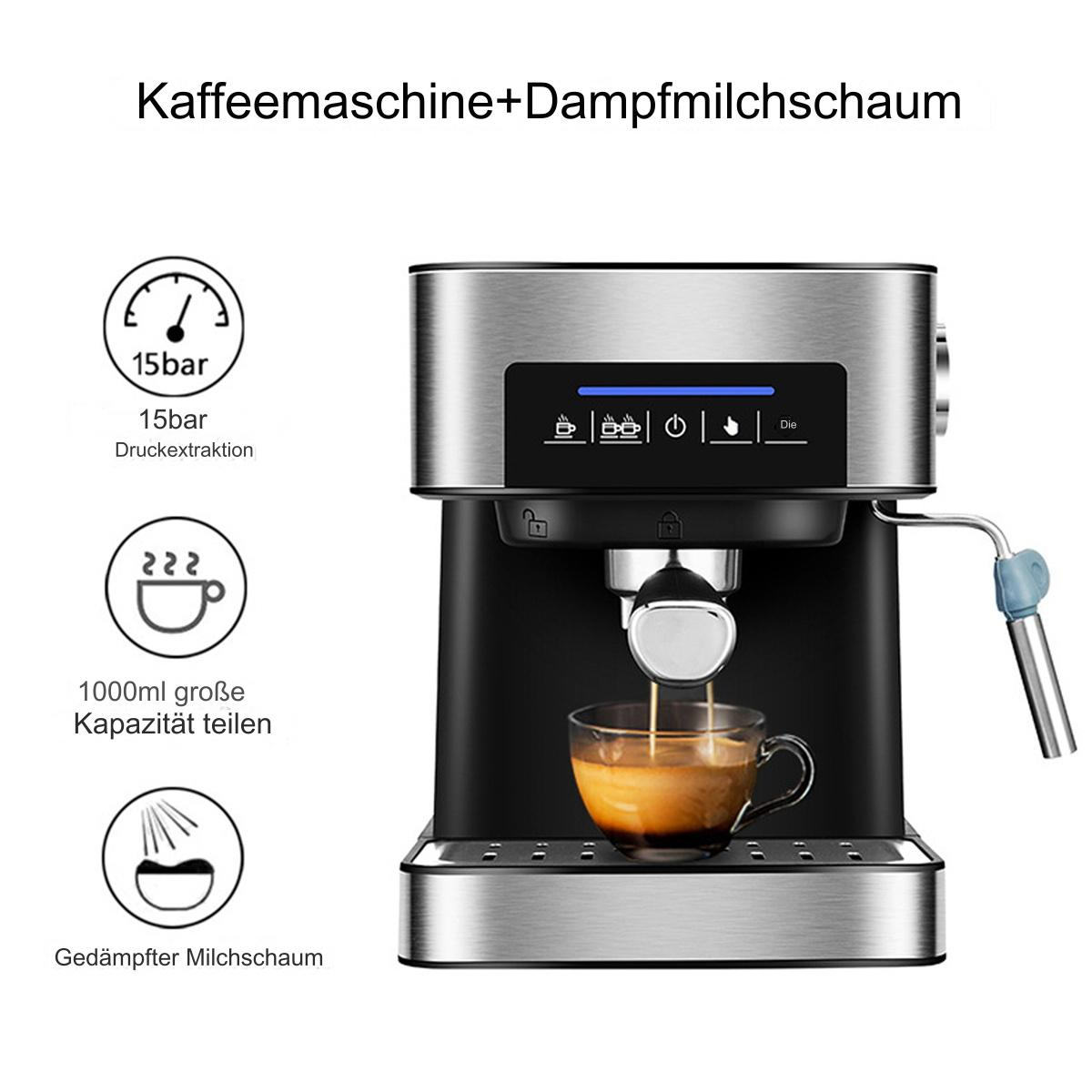 Silber-schwarze Espressomaschine mit Glaskanne und Dampflanze, auf weißem Hintergrund.