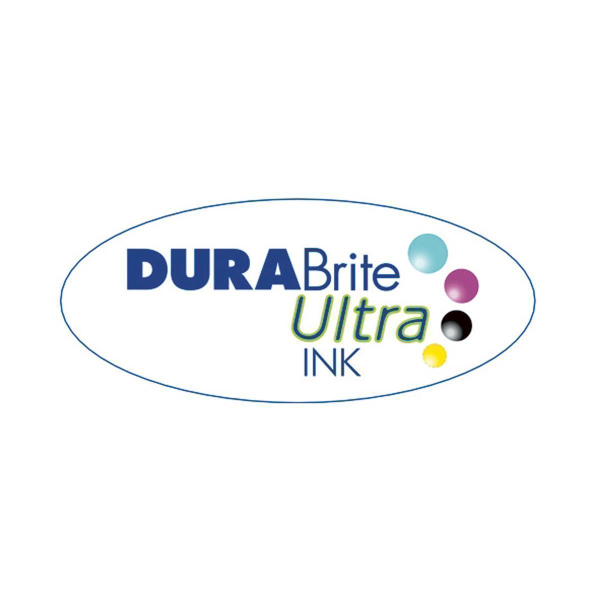 Sfondo bianco con il testo "DURABrite Ultra INK" e quattro cerchi colorati.