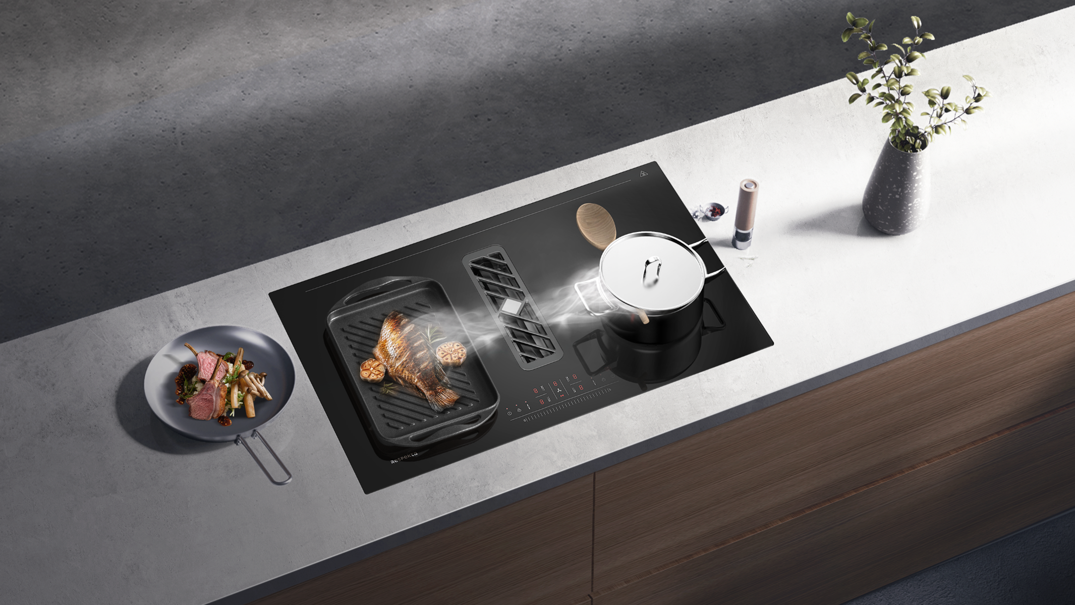 Table de cuisson avec aliments, casserole et extraction de fumée.