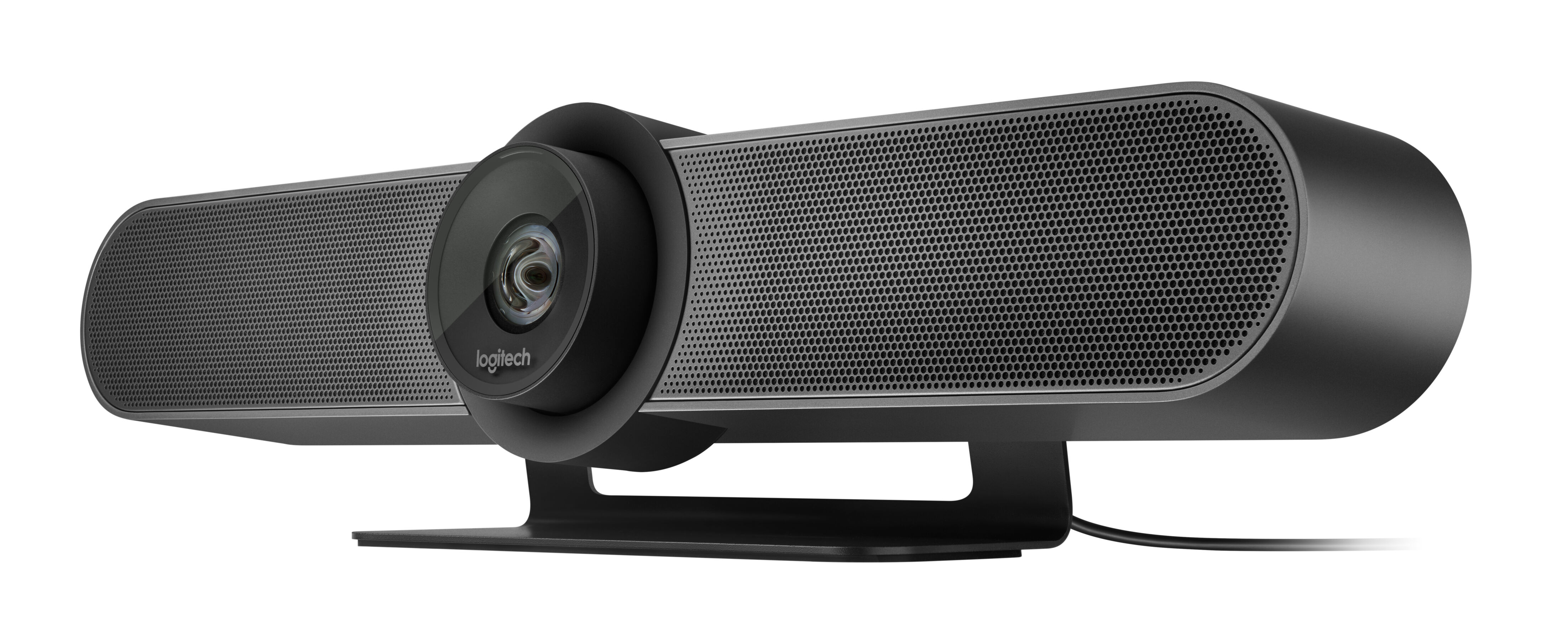 Czarny zestaw do wideokonferencji Logitech. Posiada kamerę i głośnik.