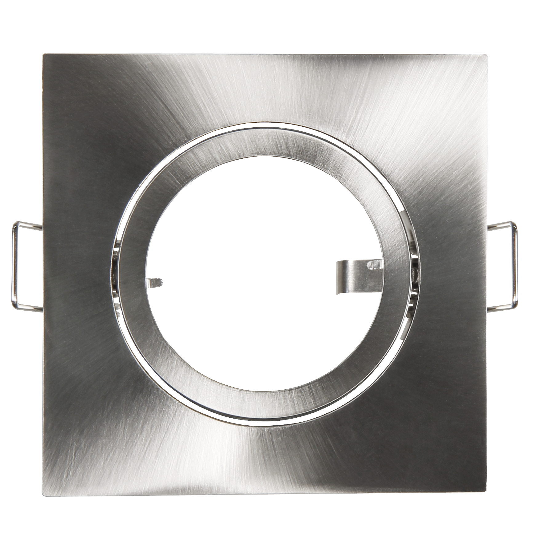 Quadratische Metalleinbauleuchte mit kreisförmiger Öffnung. Schwarzer Hintergrund.