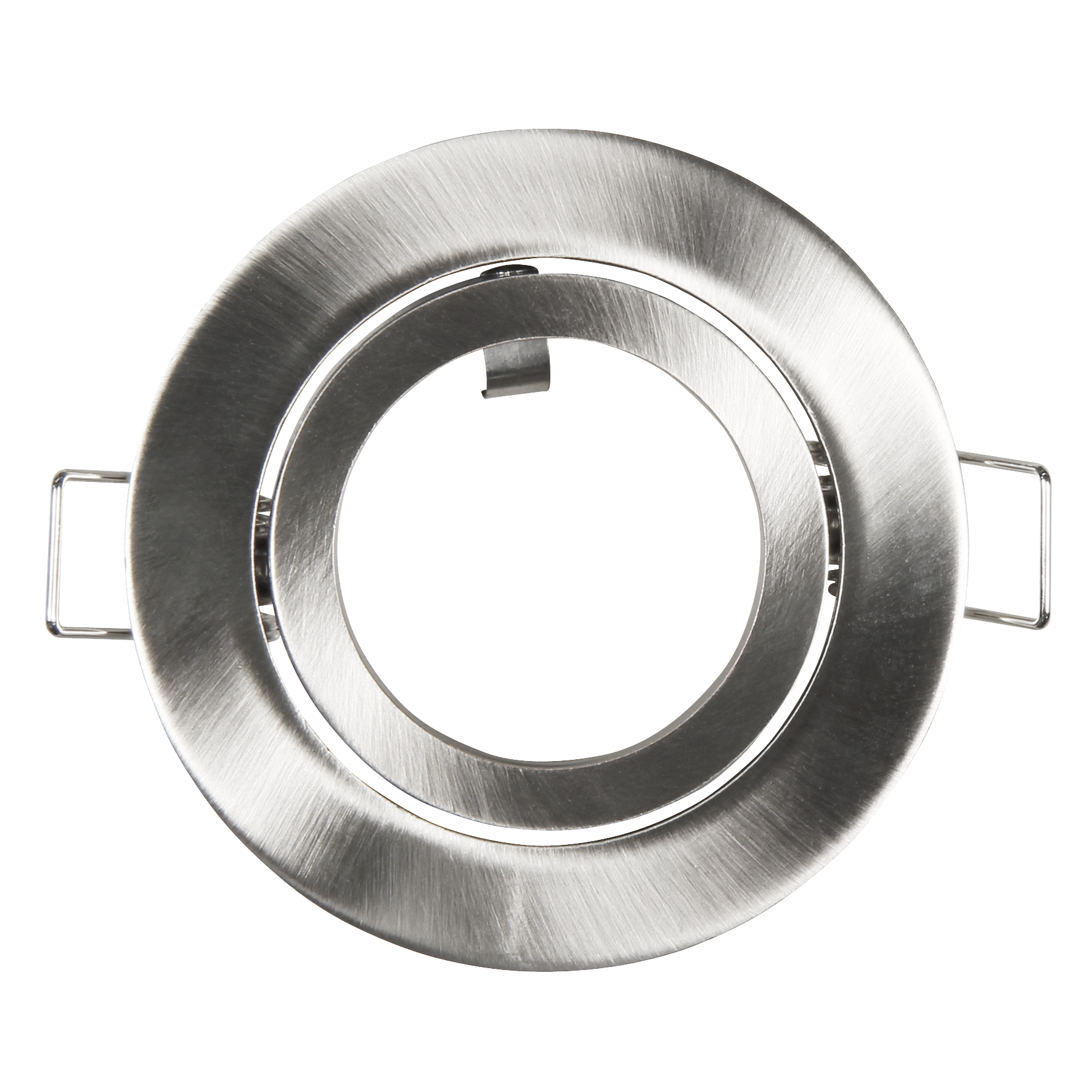 Nahaufnahme einer Einbauleuchte aus gebürstetem Metall, kreisförmige Form.