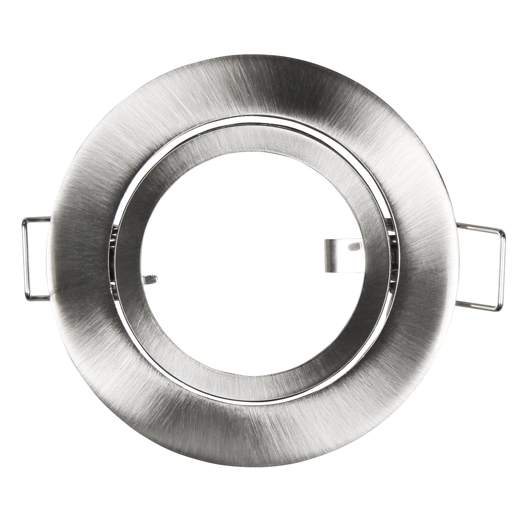 Eine metallische Einbauleuchte. Kreisförmig mit Montagebügeln.