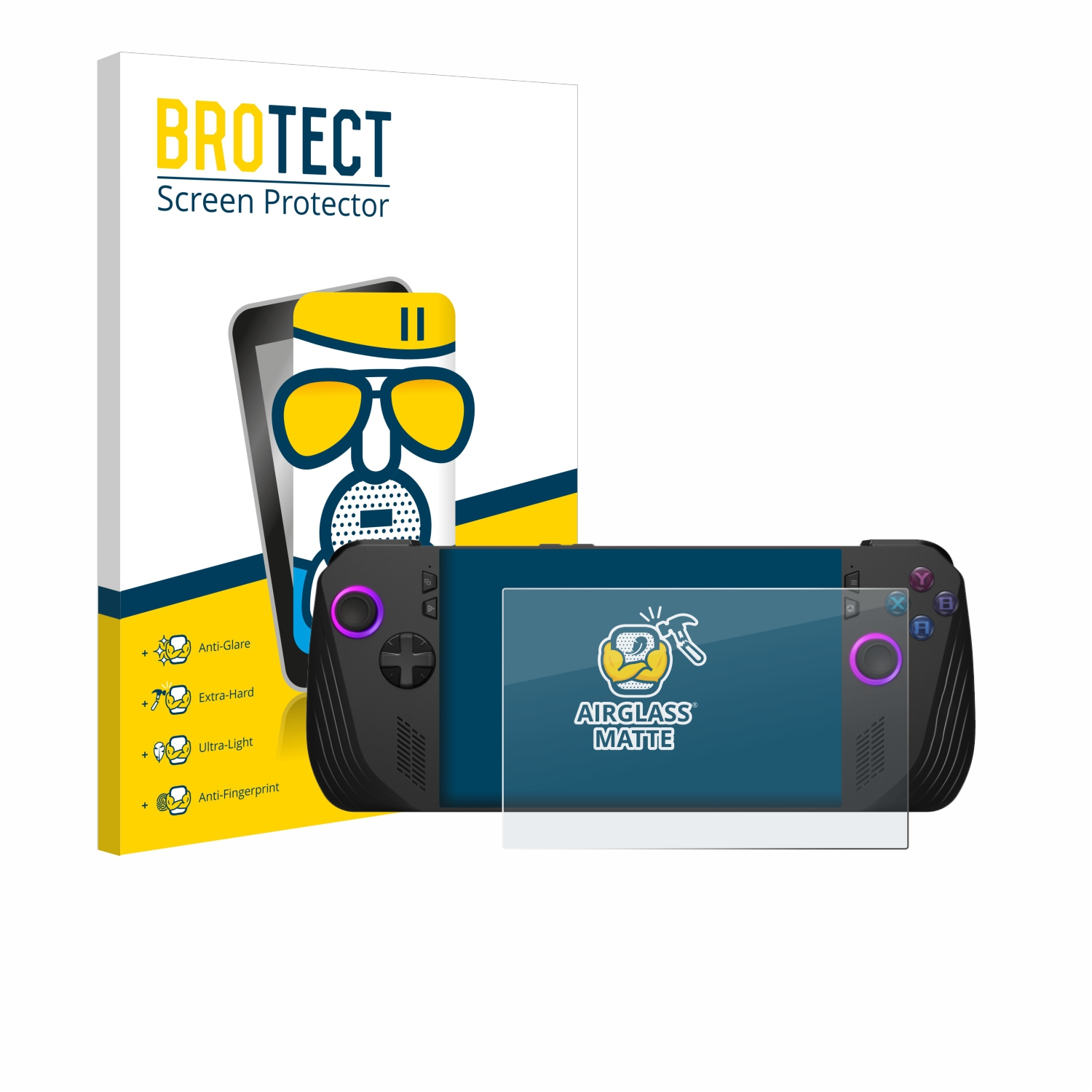 Displayschutzbox und ein Gaming-Handheld-Gerät mit angebrachtem Displayschutz.