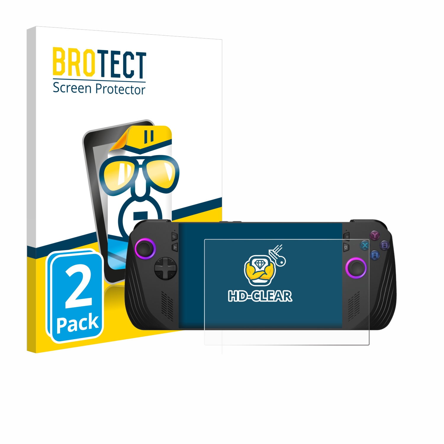 Displayschutzfolien-Set für eine Handheld-Spielkonsole, mit Box und Konsole.