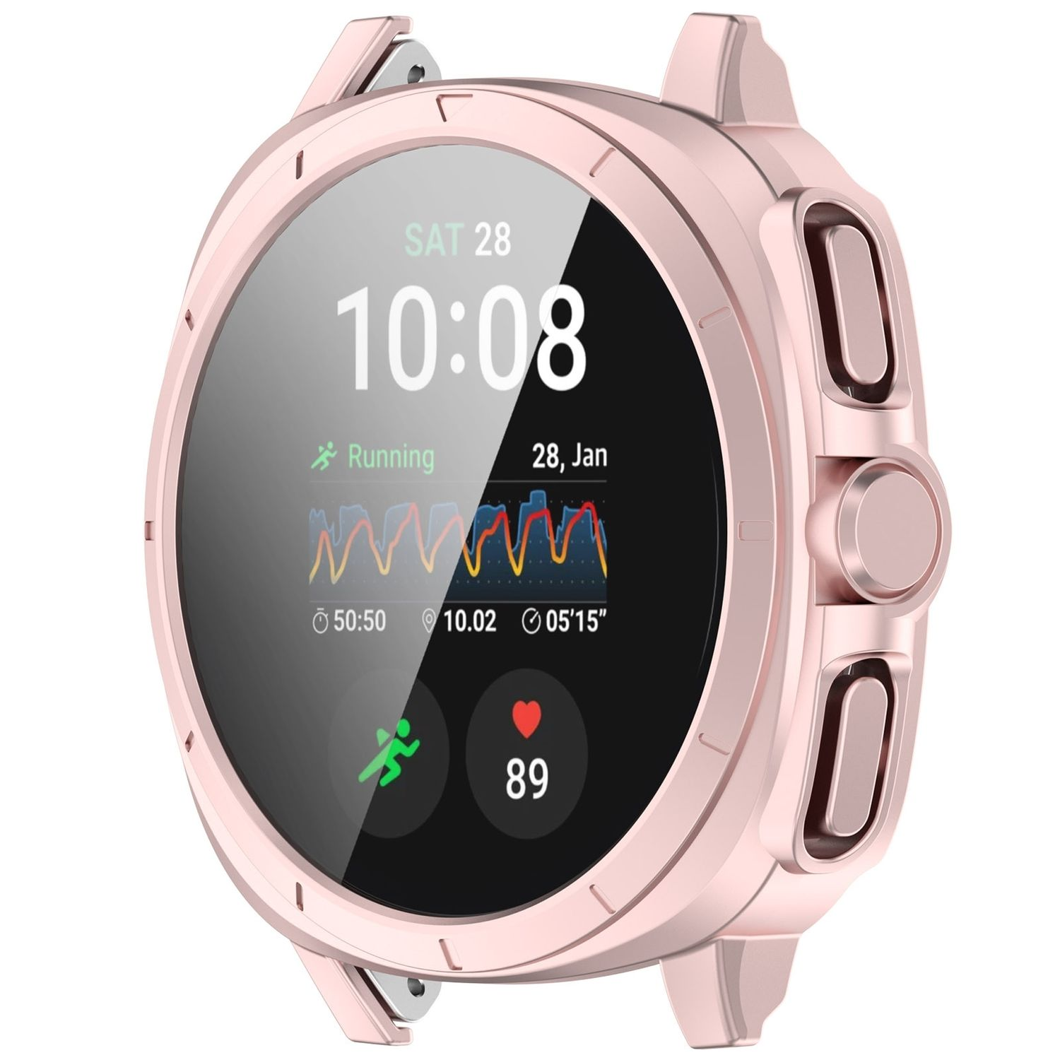 Smartwatch mit roségoldfarbenem Gehäuse. Der Bildschirm zeigt Datum, Uhrzeit und Gesundheitsmetriken.