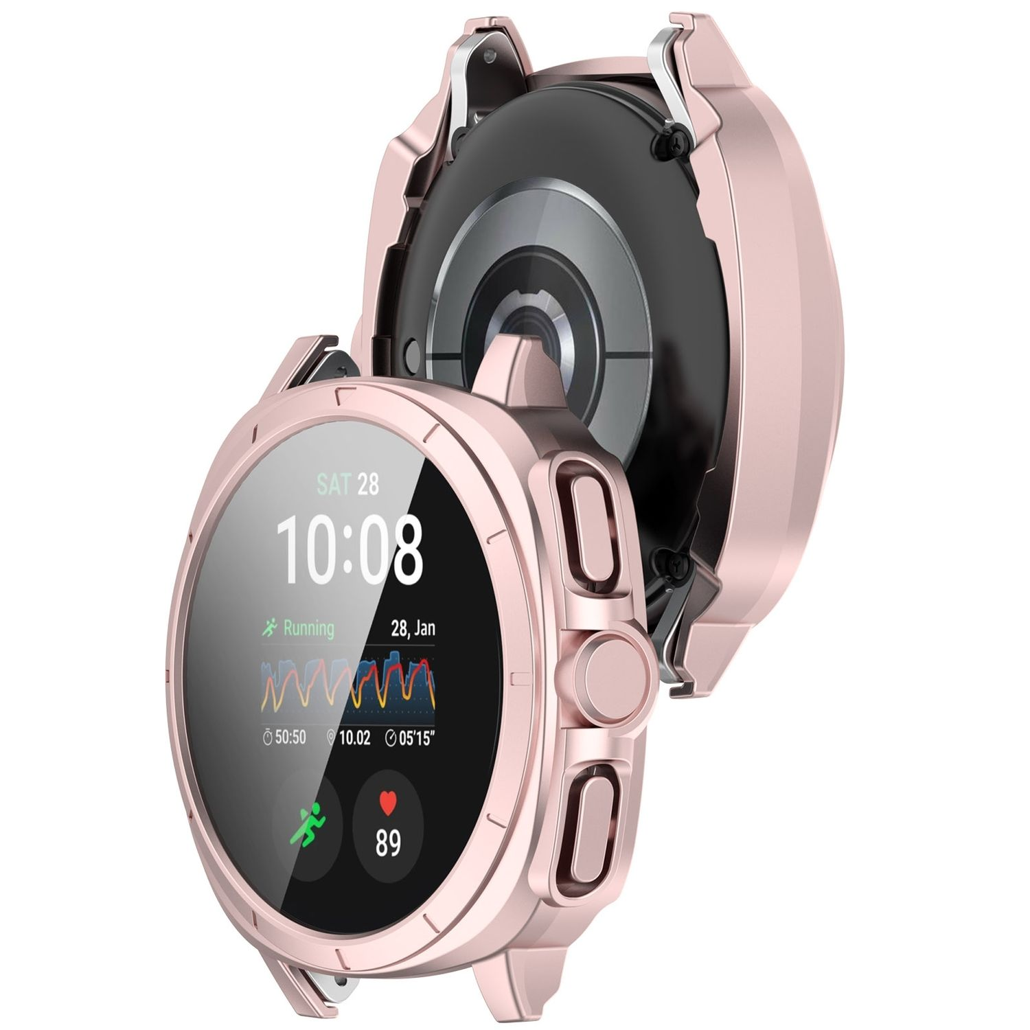Eine roségoldene Smartwatch mit offenem Gehäuse, das die internen Komponenten zeigt.