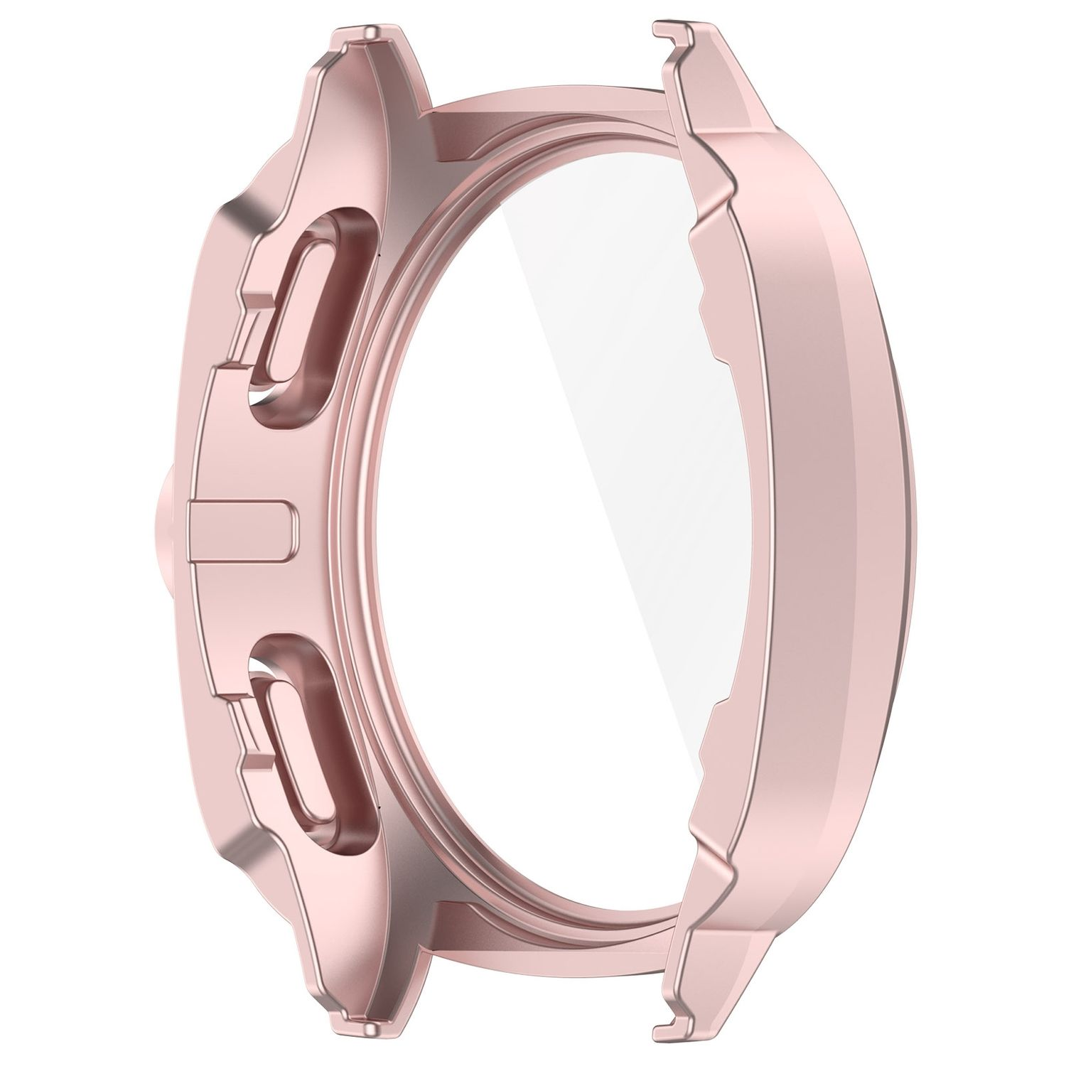 Ein roségoldenes Smartwatch-Gehäuse mit einem transparenten Displayschutz. Es wird von der Seite gezeigt.