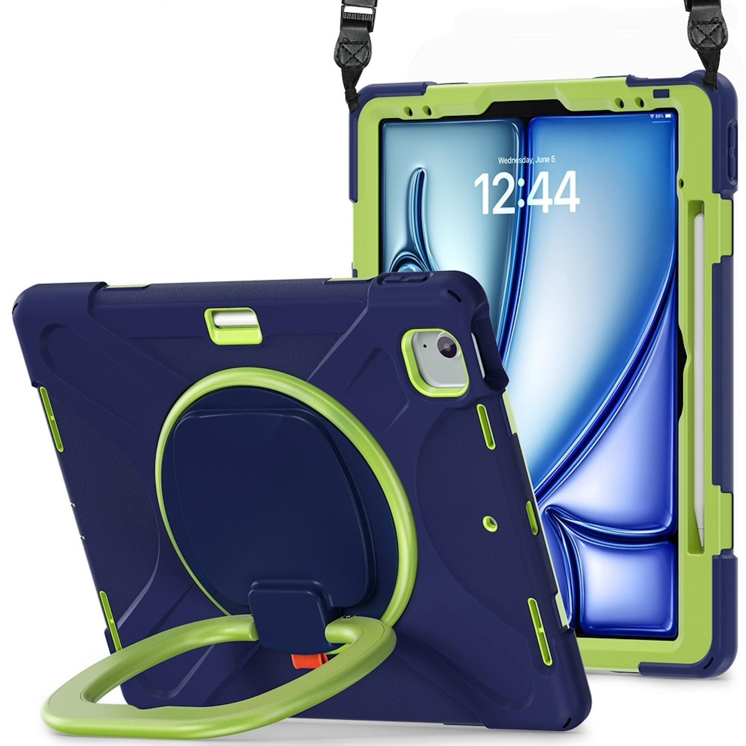 Tablet mit blau-grünem Gehäuse und Ringständer. Ein zweites Tablet zeigt den Bildschirm.