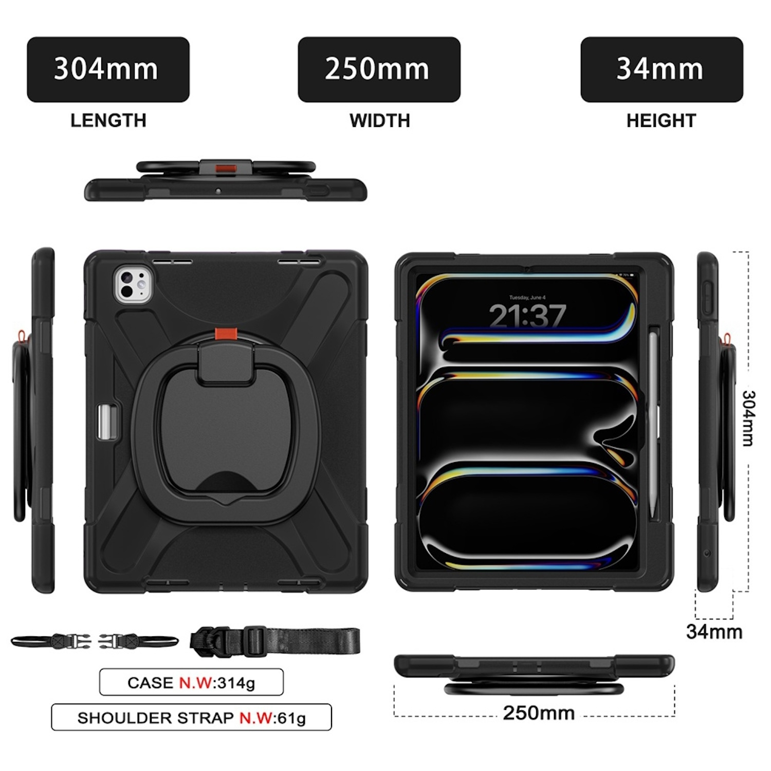 Funda negra para tableta con medidas, asa y correa, con una tableta dentro.