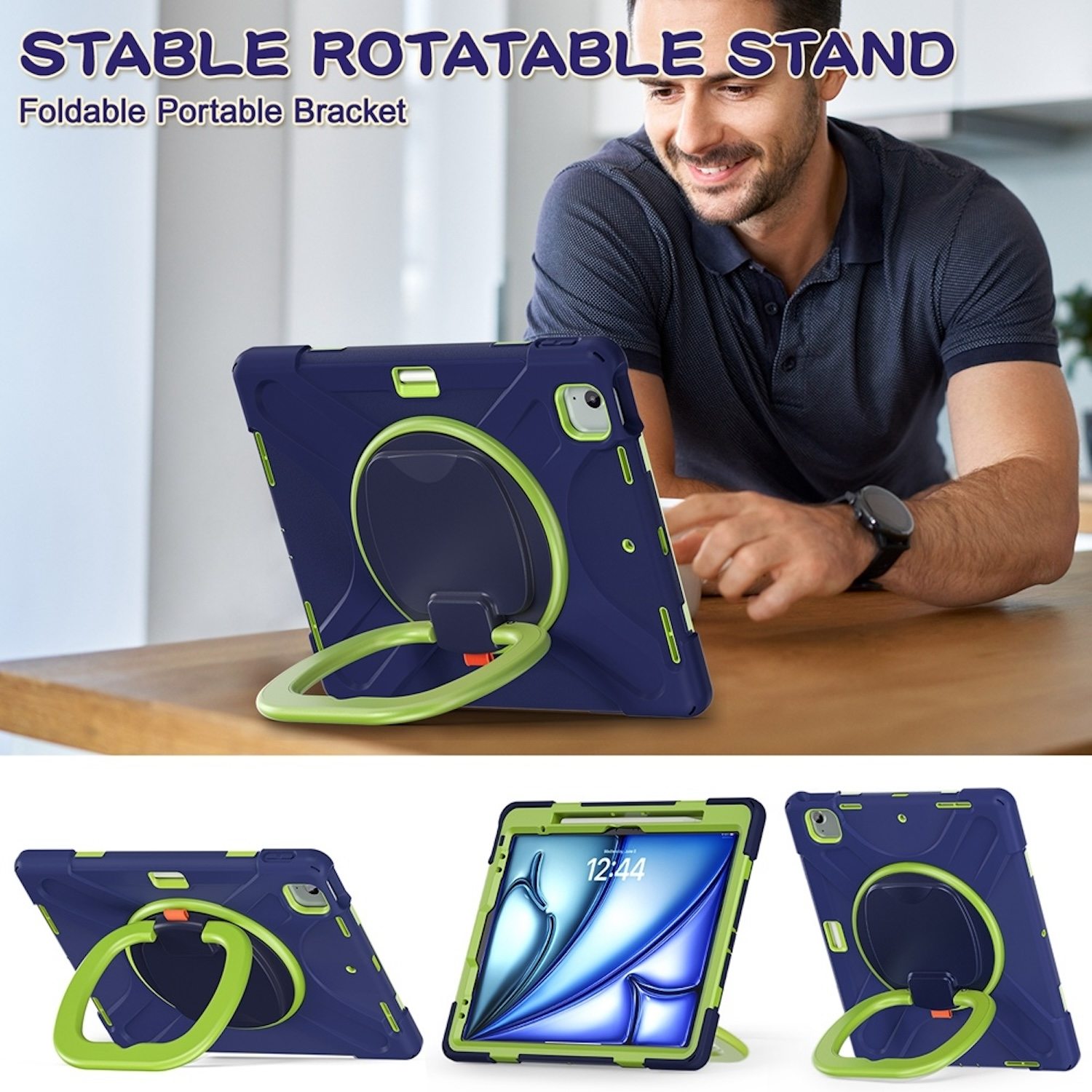 Eine Tablet-Hülle mit Ringständer, in verschiedenen Positionen gezeigt.