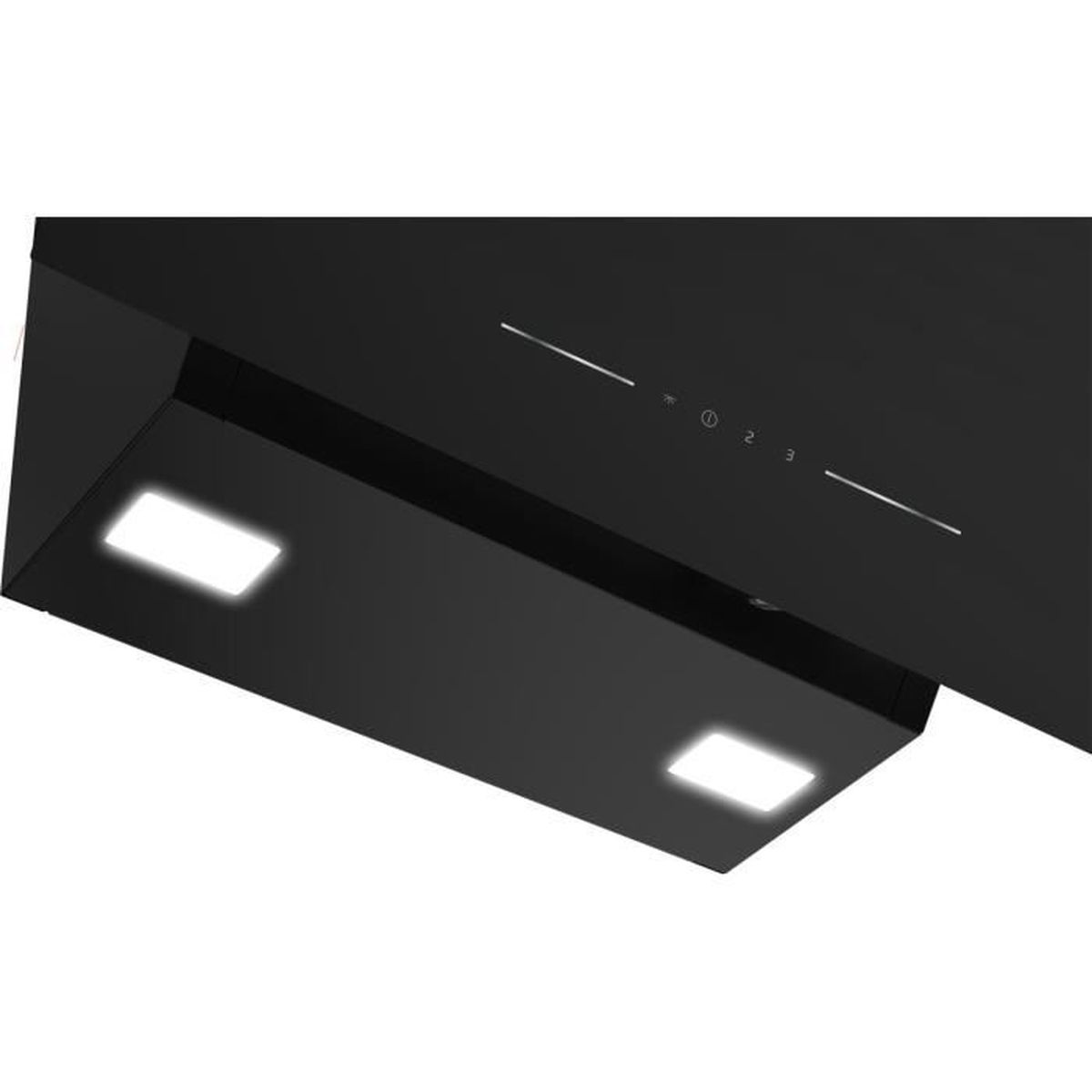 Zwarte afzuigkap met twee lichten. Minimalistisch design, heldere lichten op donkere achtergrond.