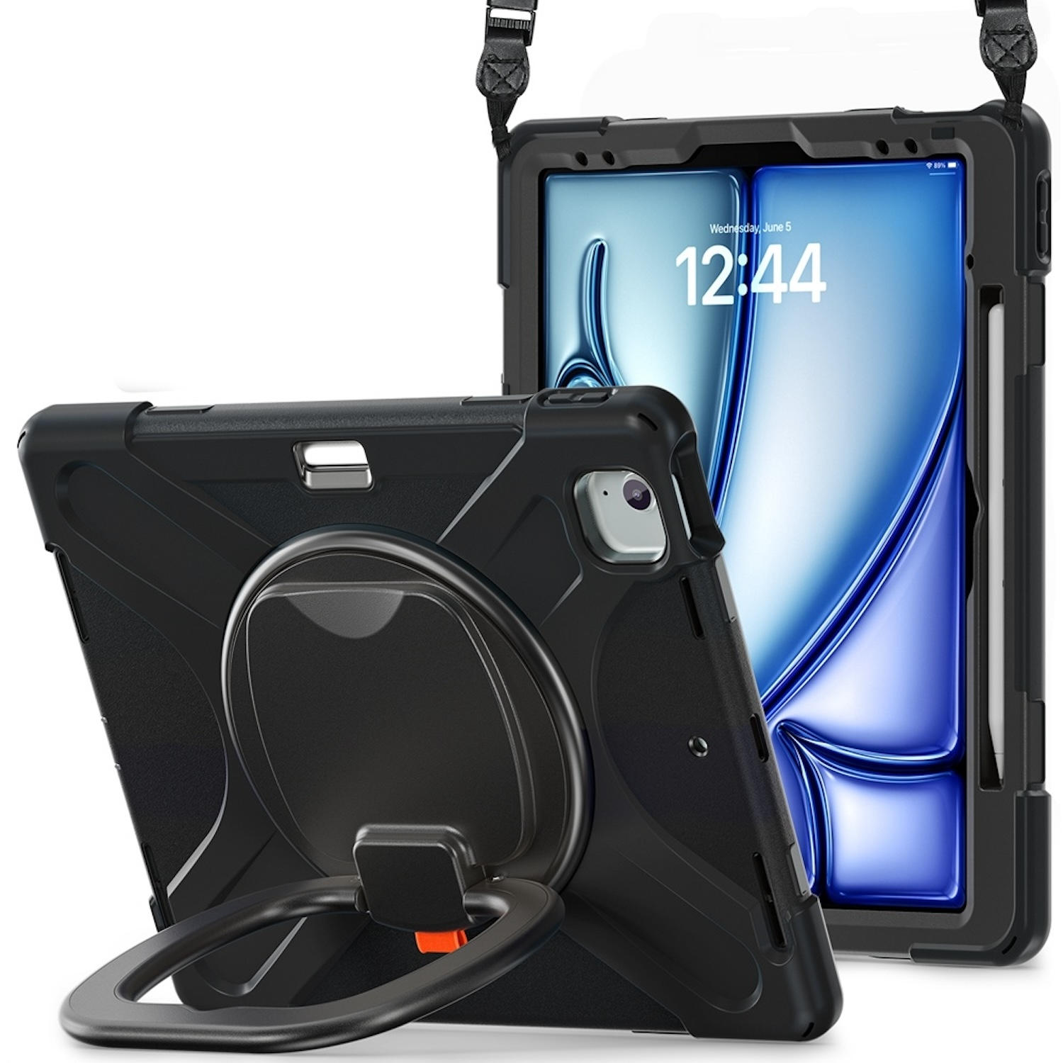 Schwarze iPad-Hülle mit Halterung und Gurt. Das iPad ist sichtbar.