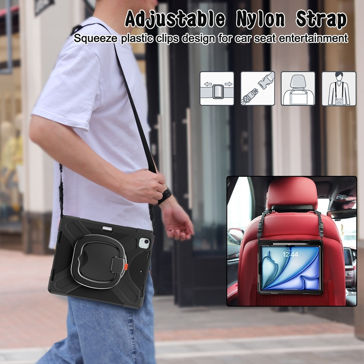 Person trägt weißes Shirt und hält Tablet mit schwarzem Case und Nylonriemen.