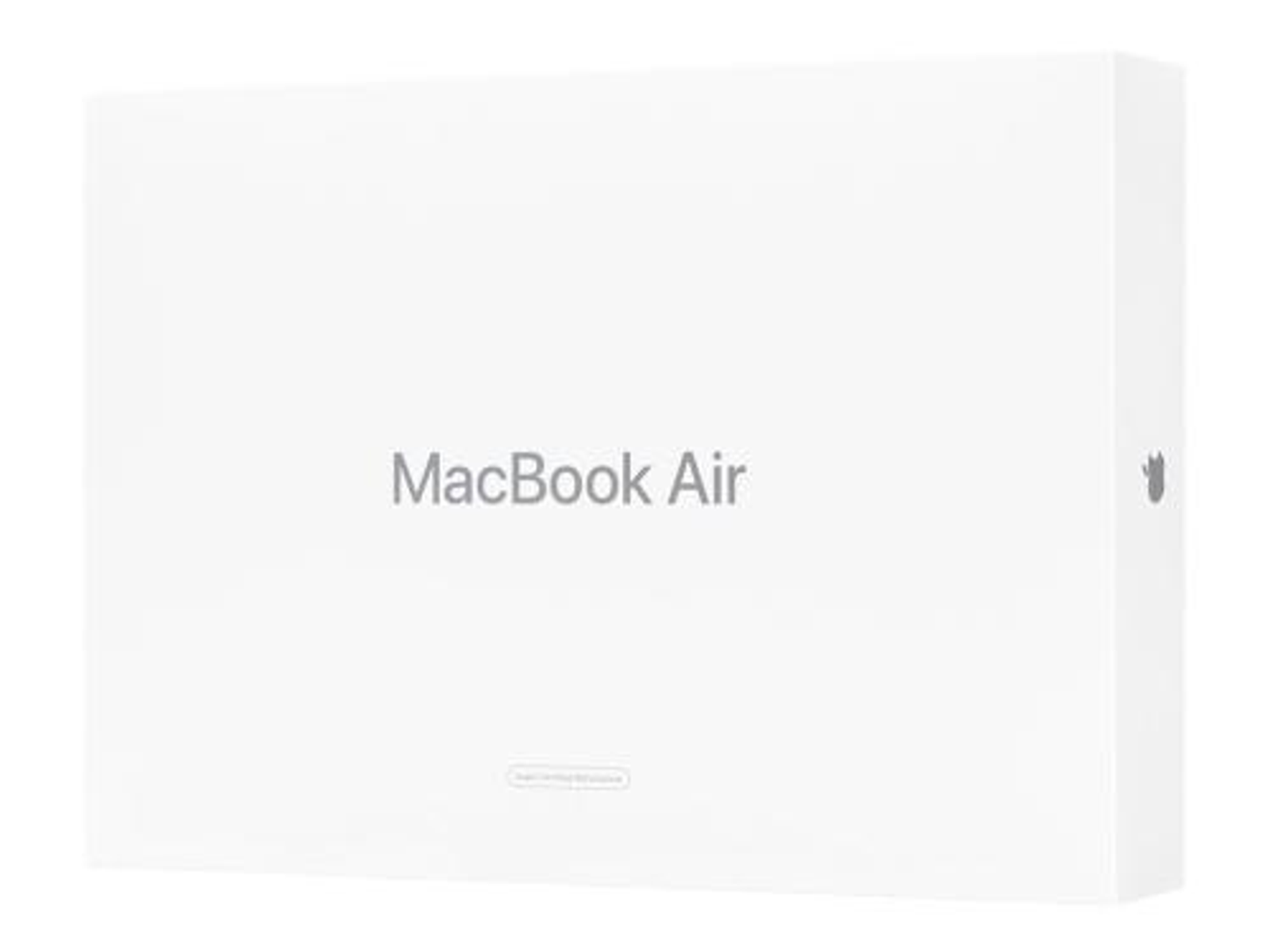 Una caja blanca de MacBook Air con texto gris. El logotipo de Apple está a la derecha.
