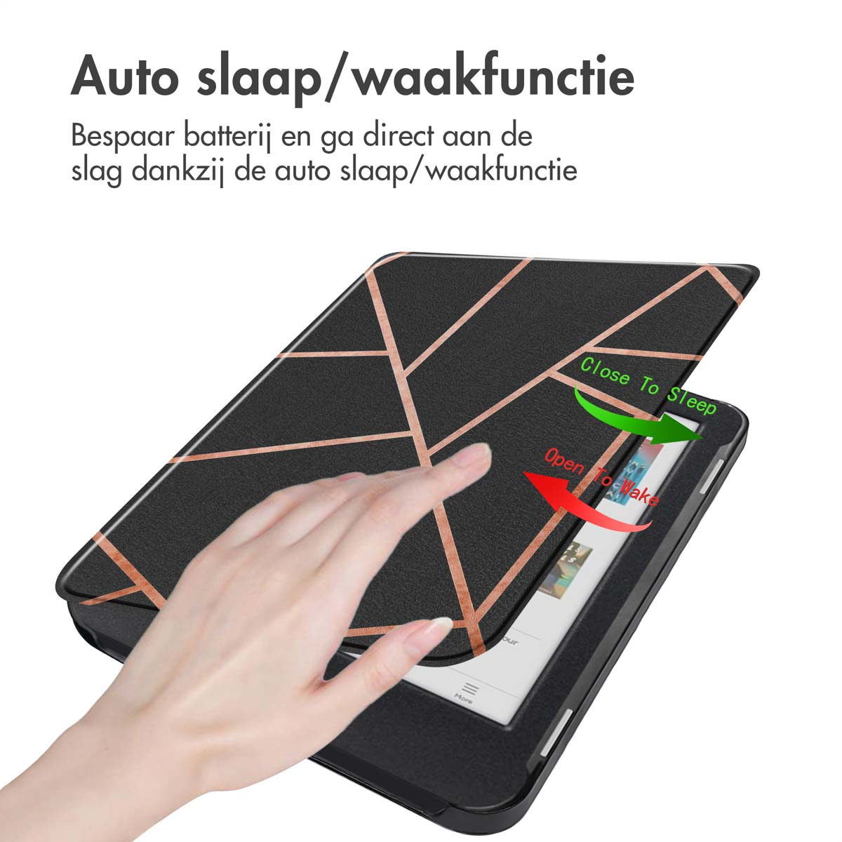 A hand opens a cover with an abstract design, displaying text and arrows indicating close and wake up.